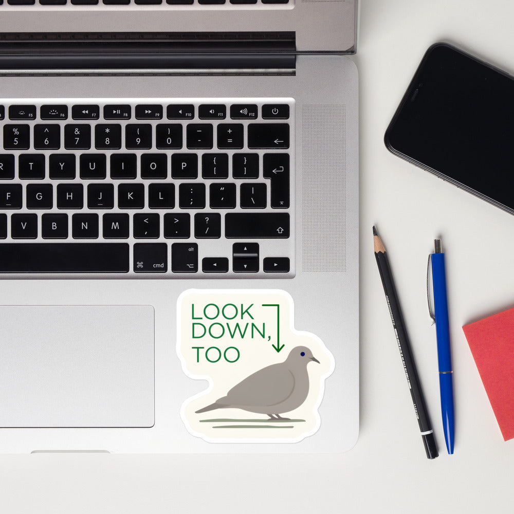 Look Down, Too dove sticker on a laptop next to pens and a phone
