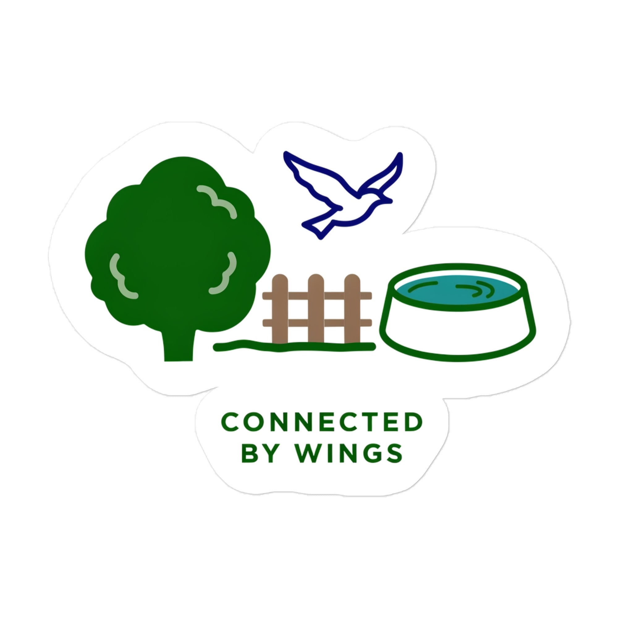 Connected by Wings bird lover sticker: a bird flying over a fence between a shrub and a water bowl above the words CONNECTED BY WINGS, cut to shape with a slim white edge