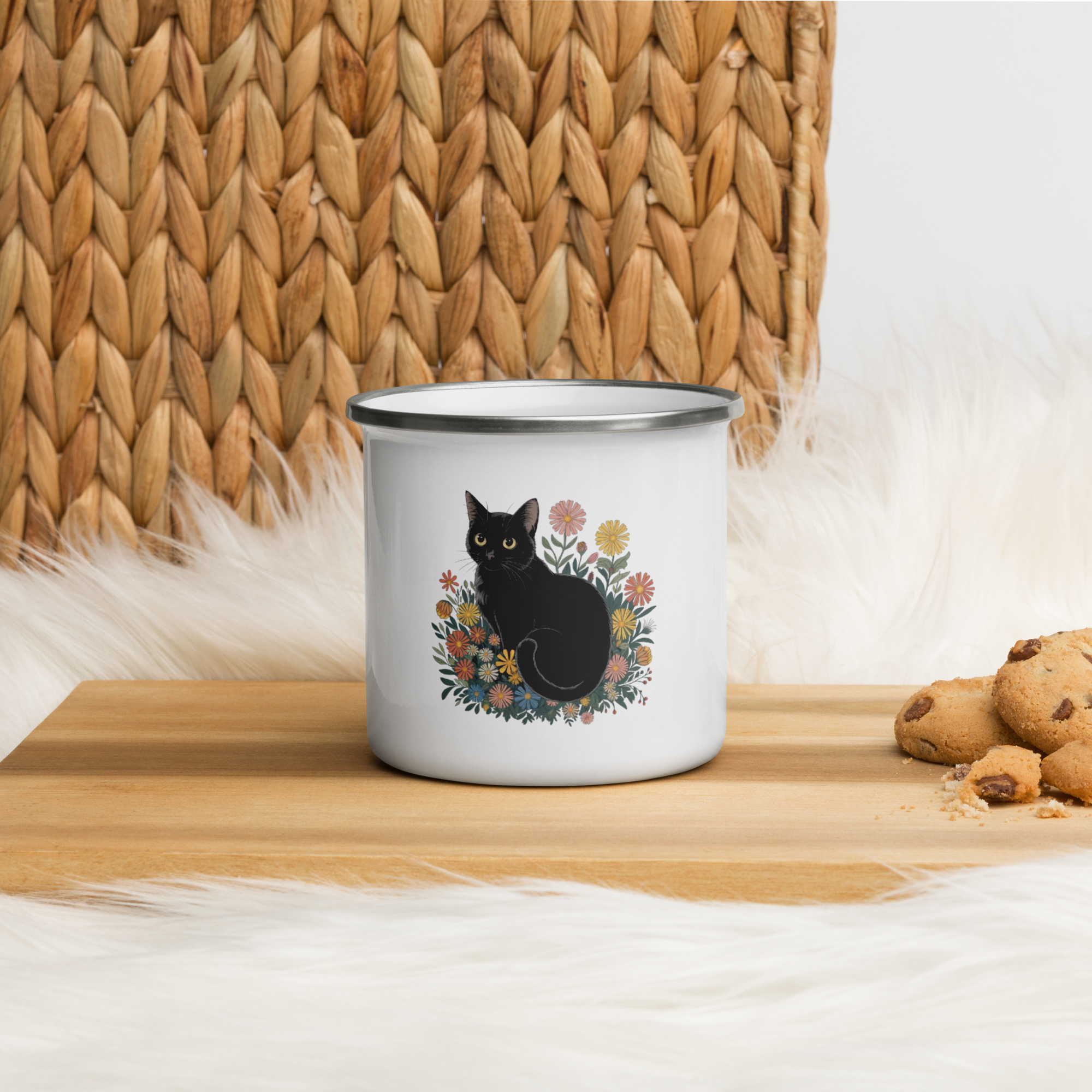 Cute Cat Enamel Mug – 12oz Lightweight Camping Cup for Cat Lovers.