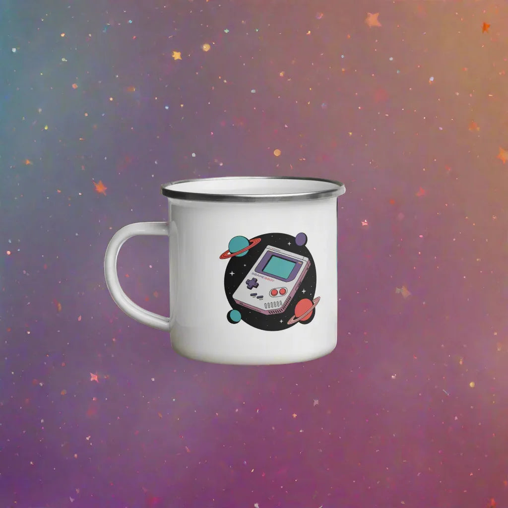 Retro Gamer Enamel Mug – Handheld Console with Cosmic Vibes - RaZits