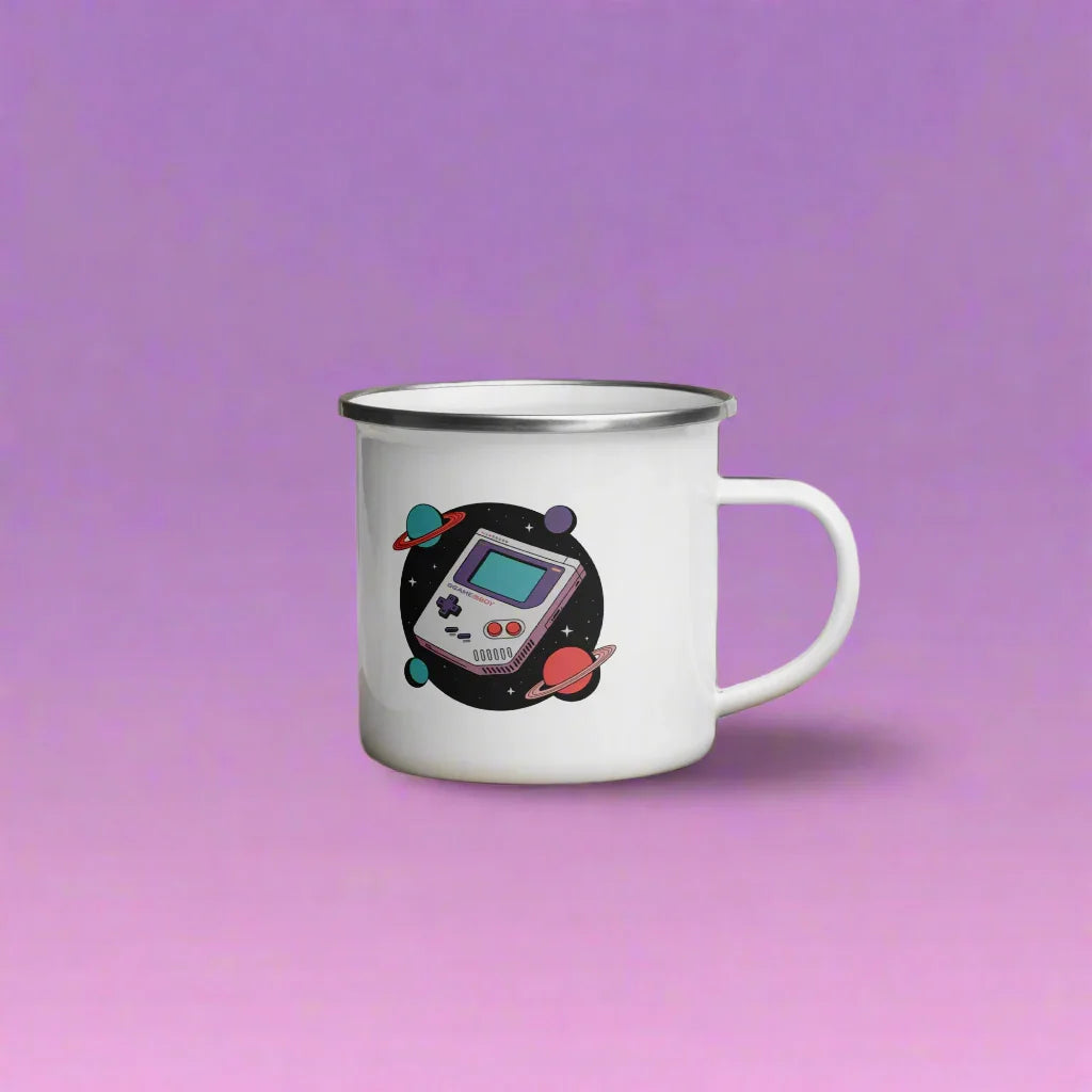 Retro Gamer Enamel Mug – Handheld Console with Cosmic Vibes - RaZits