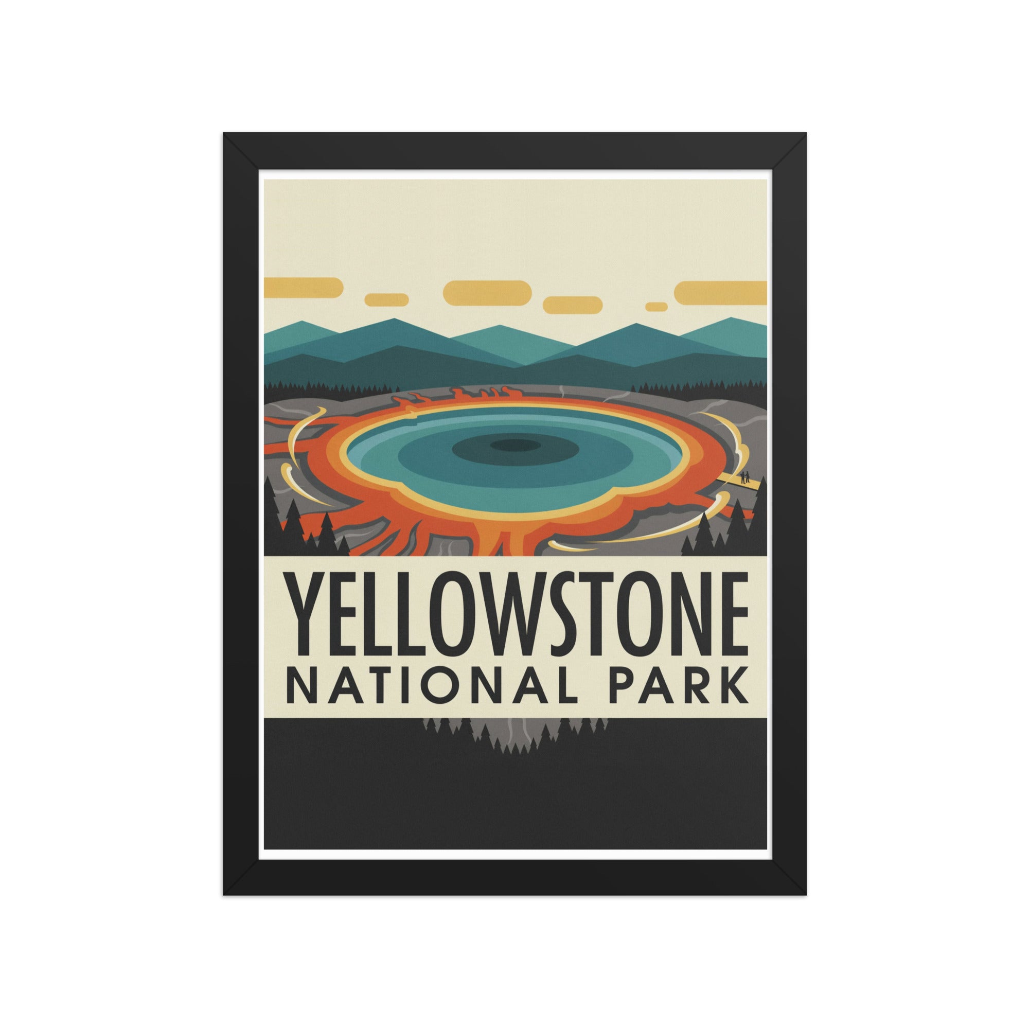 12″×16″ Yellowstone National Park print in a black frame, front view on white: teal hot spring with an orange rim