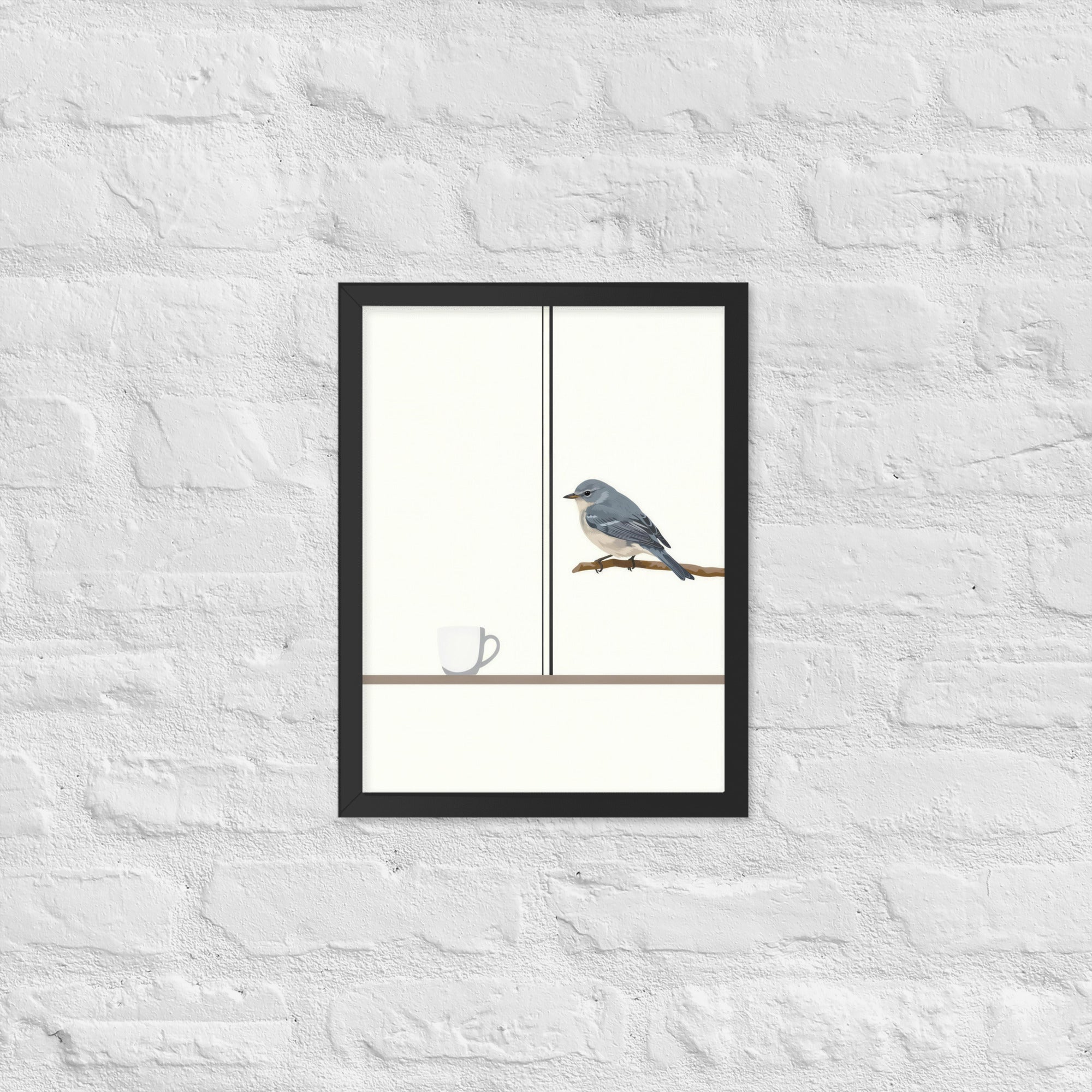 First Light, Familiar Wings framed bird wall art, 12x16 black frame: a cup on the window sill inside and a gray-blue songbird on a twig outside