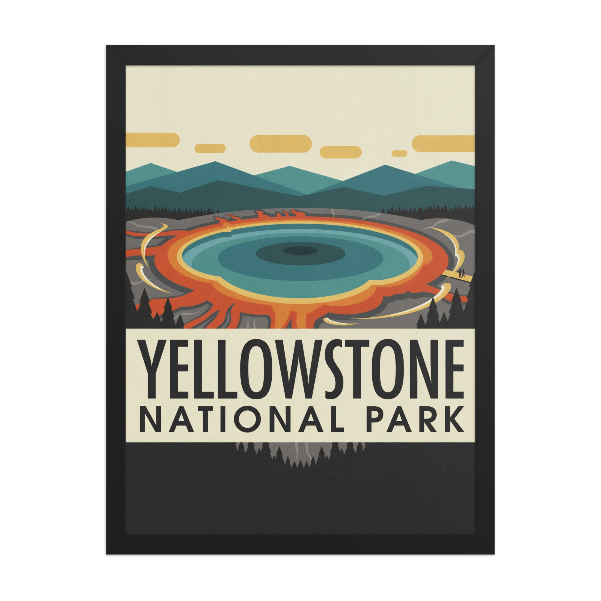18″×24″ framed Yellowstone print, front view: cream sky with gold clouds, teal ridges and bold park lettering