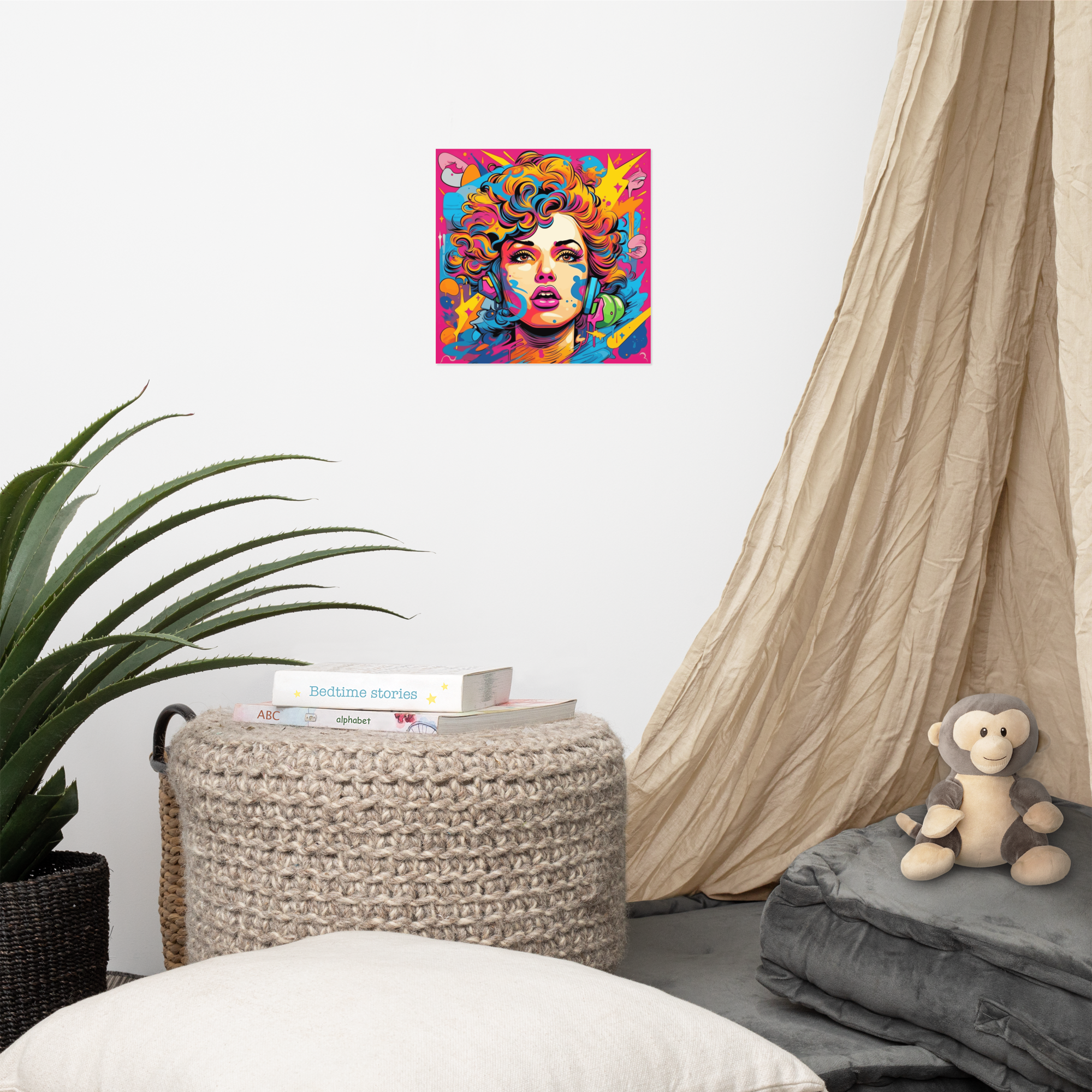 Pop Art Wall Print – Neon 80s Headphone Girl Portrait.