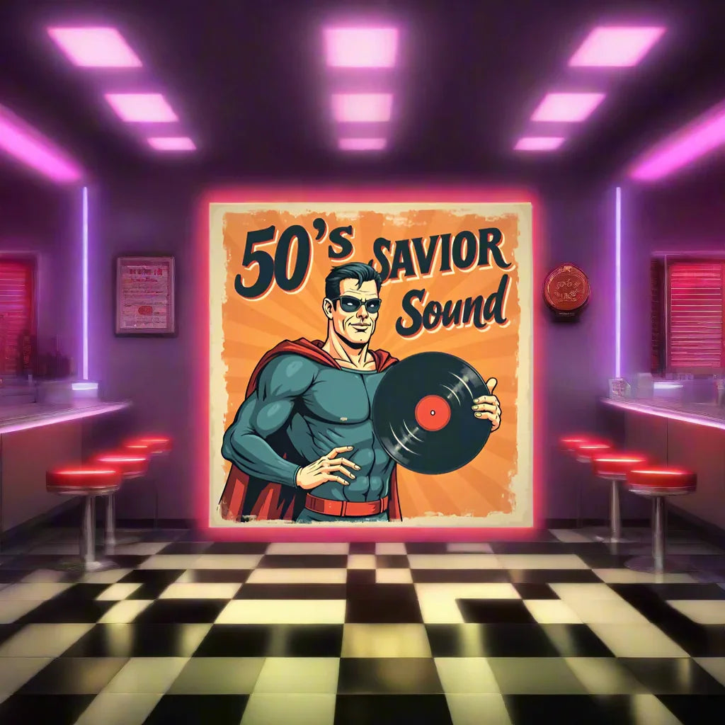 50s Savior Sound Poster – Retro Superhero Vinyl Vibe - RaZits