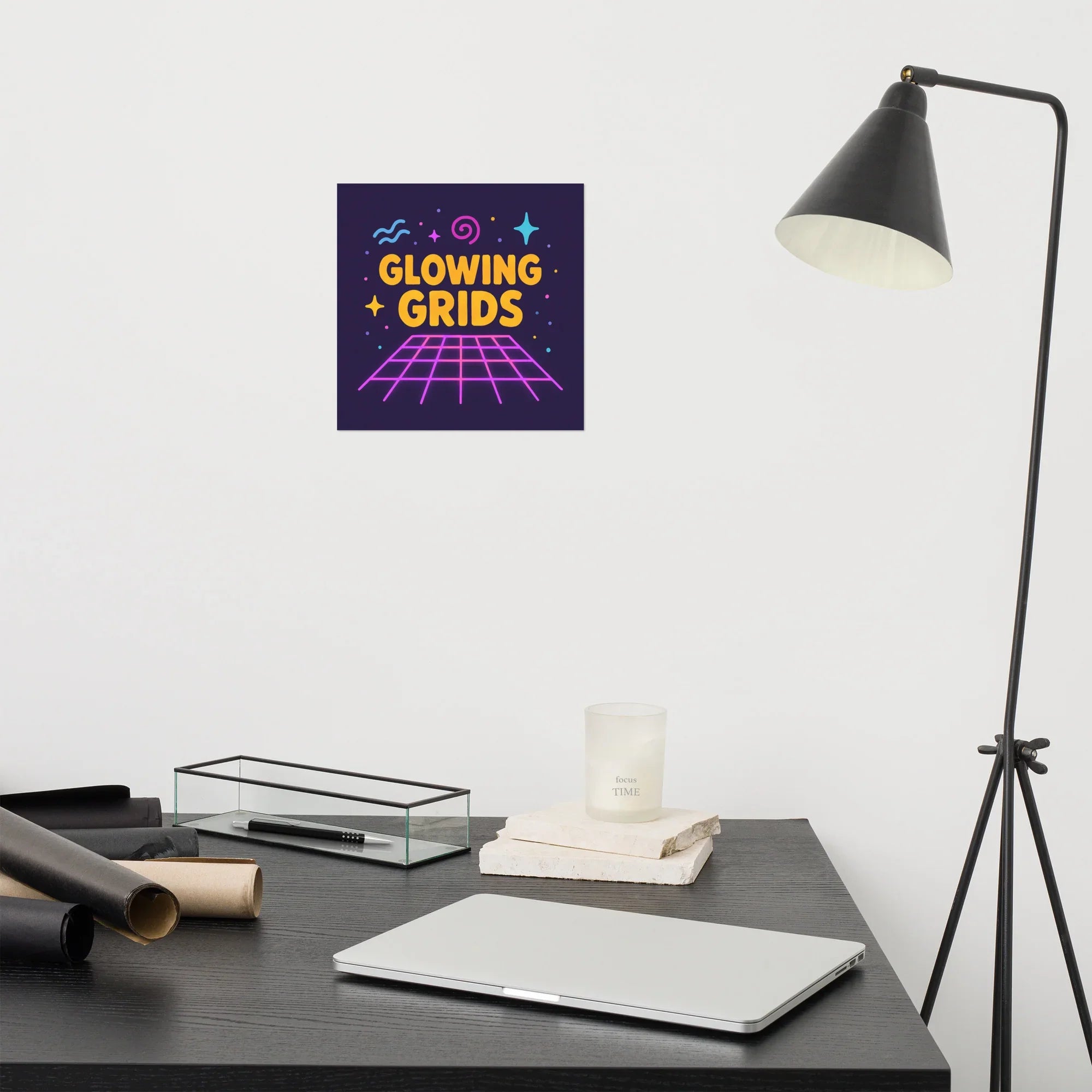 Glowing Grids Poster – Retro Neon Music Matrix Art - RaZits