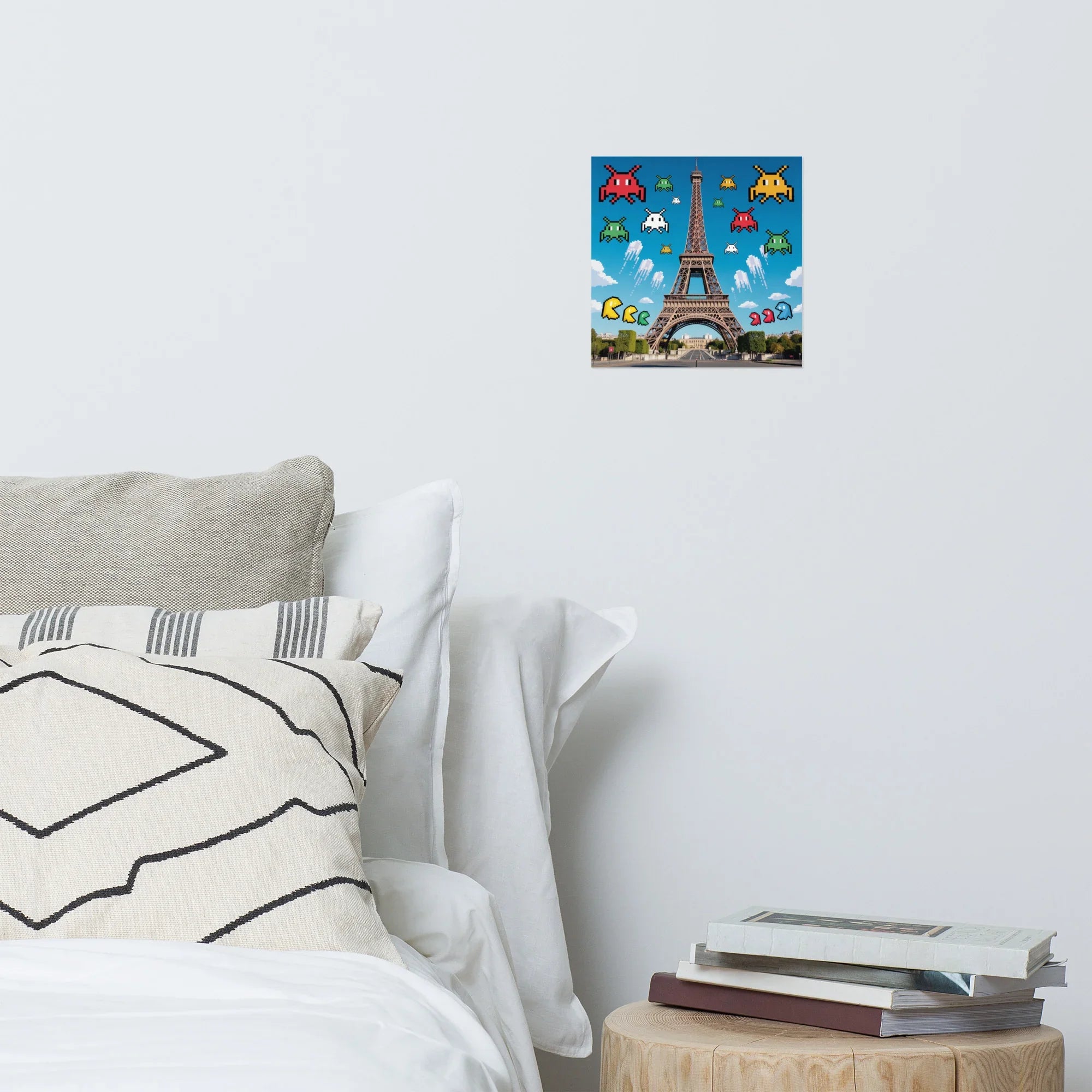 Retro Pixel Invaders Over Paris – 8-Bit Gaming Wall Art, Eiffel Tower Gamer Decor - RaZits