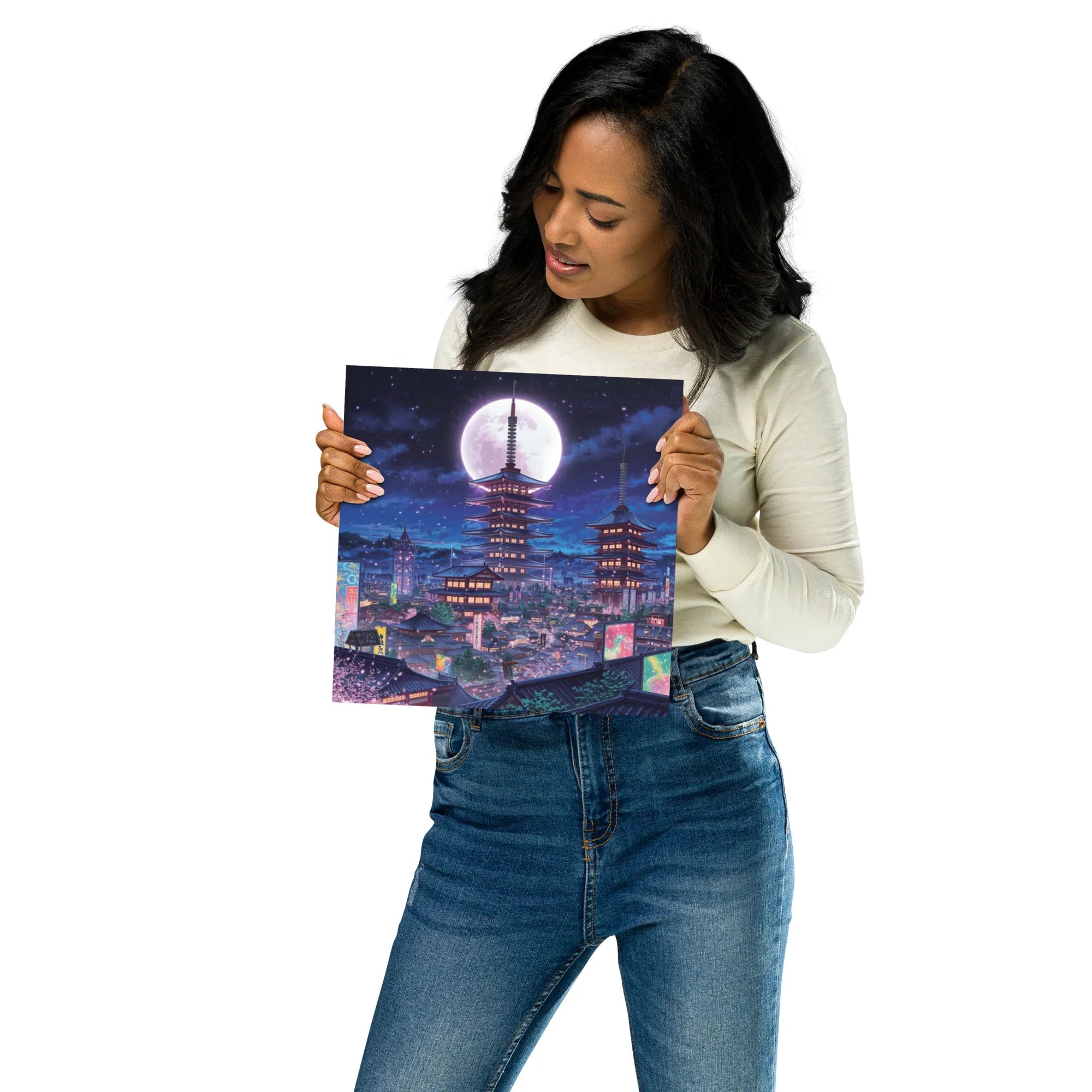 Midnight Sakura Dreamscape Japanese Cityscape Gaming Wall Art – Anime Aesthetic Room Decor - RaZits