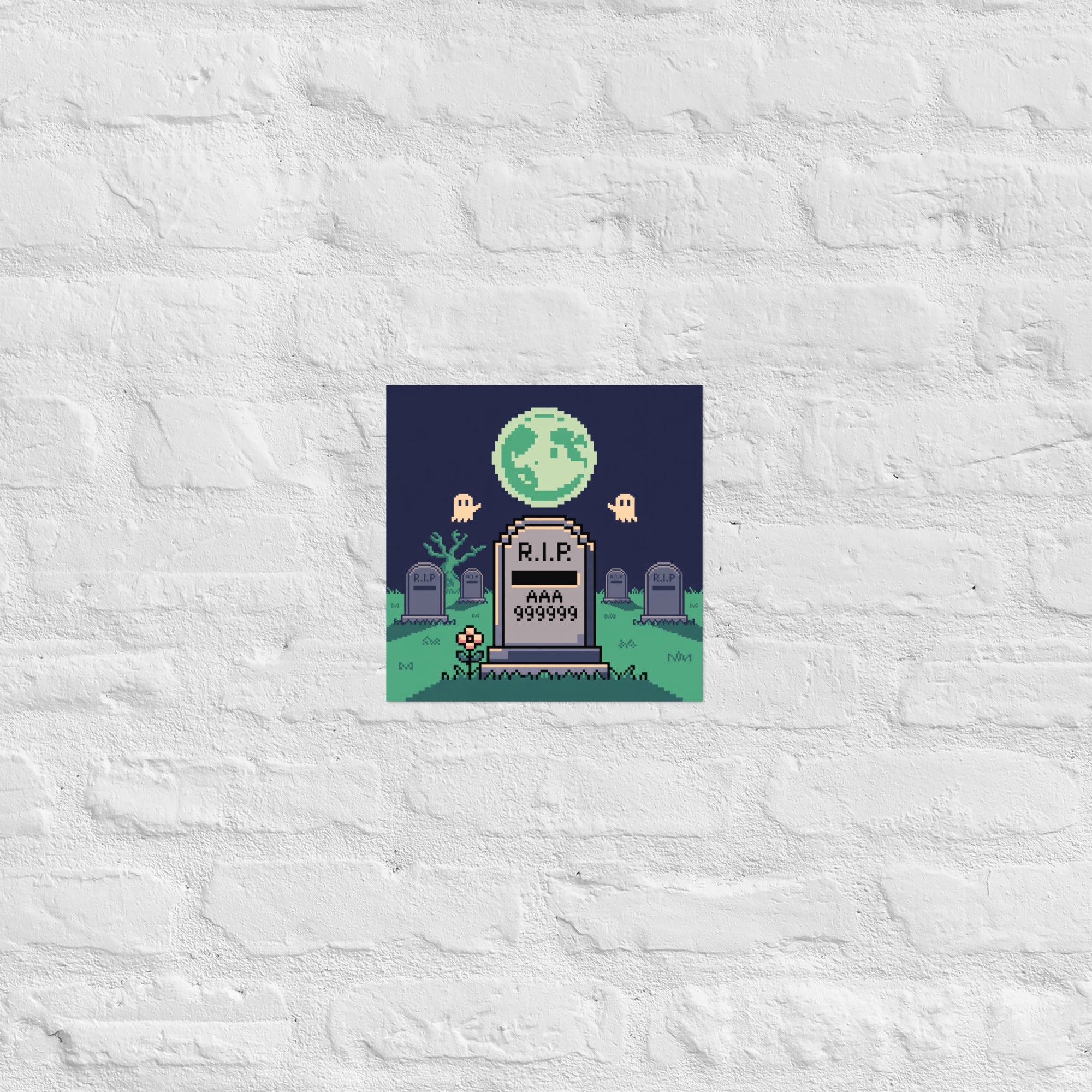 Here Lies High Score gaming poster 12x18 detail shot showing pixel ghosts and moon
