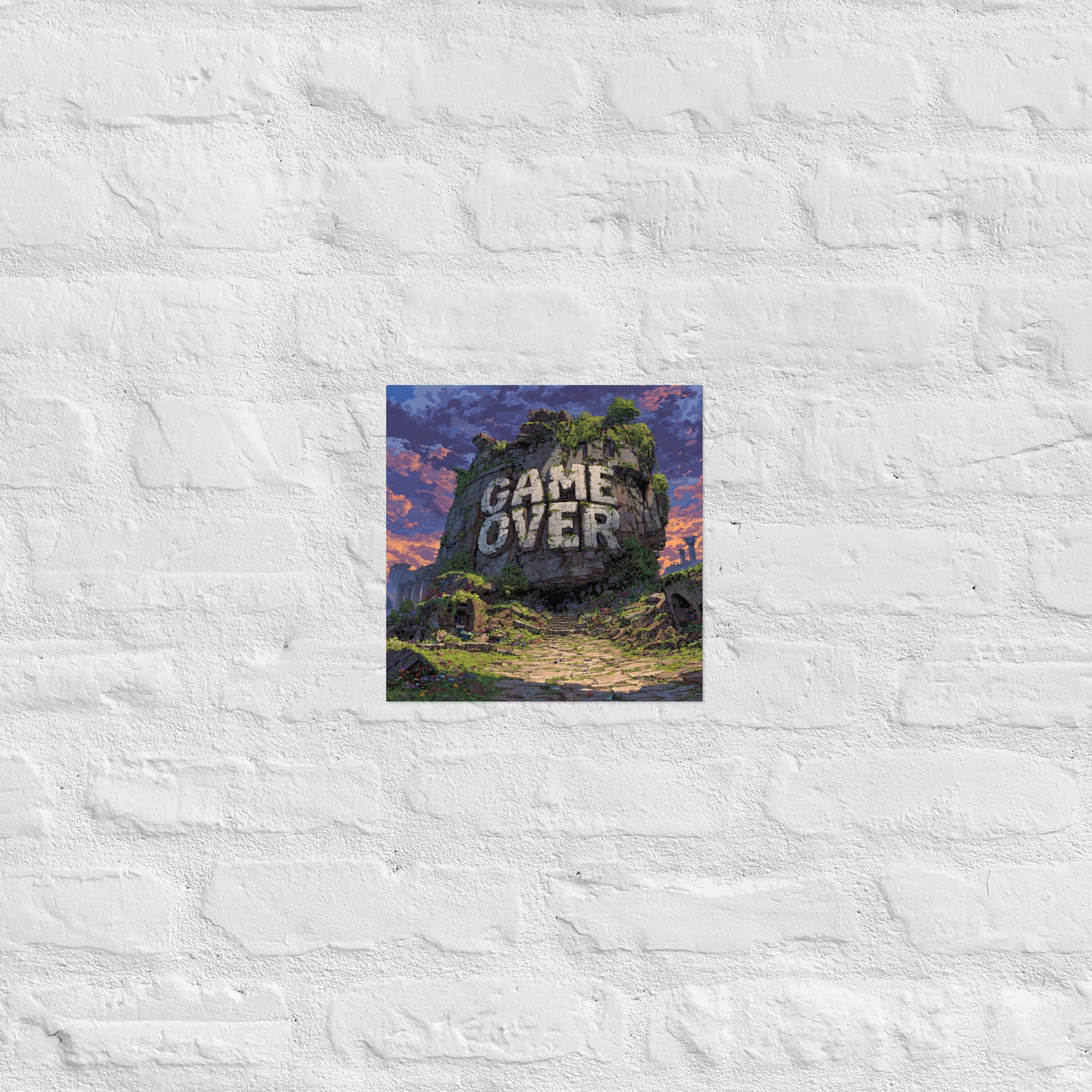 Detail of Game Over Screen poster showing typography and matte finish, 10×10 inch size