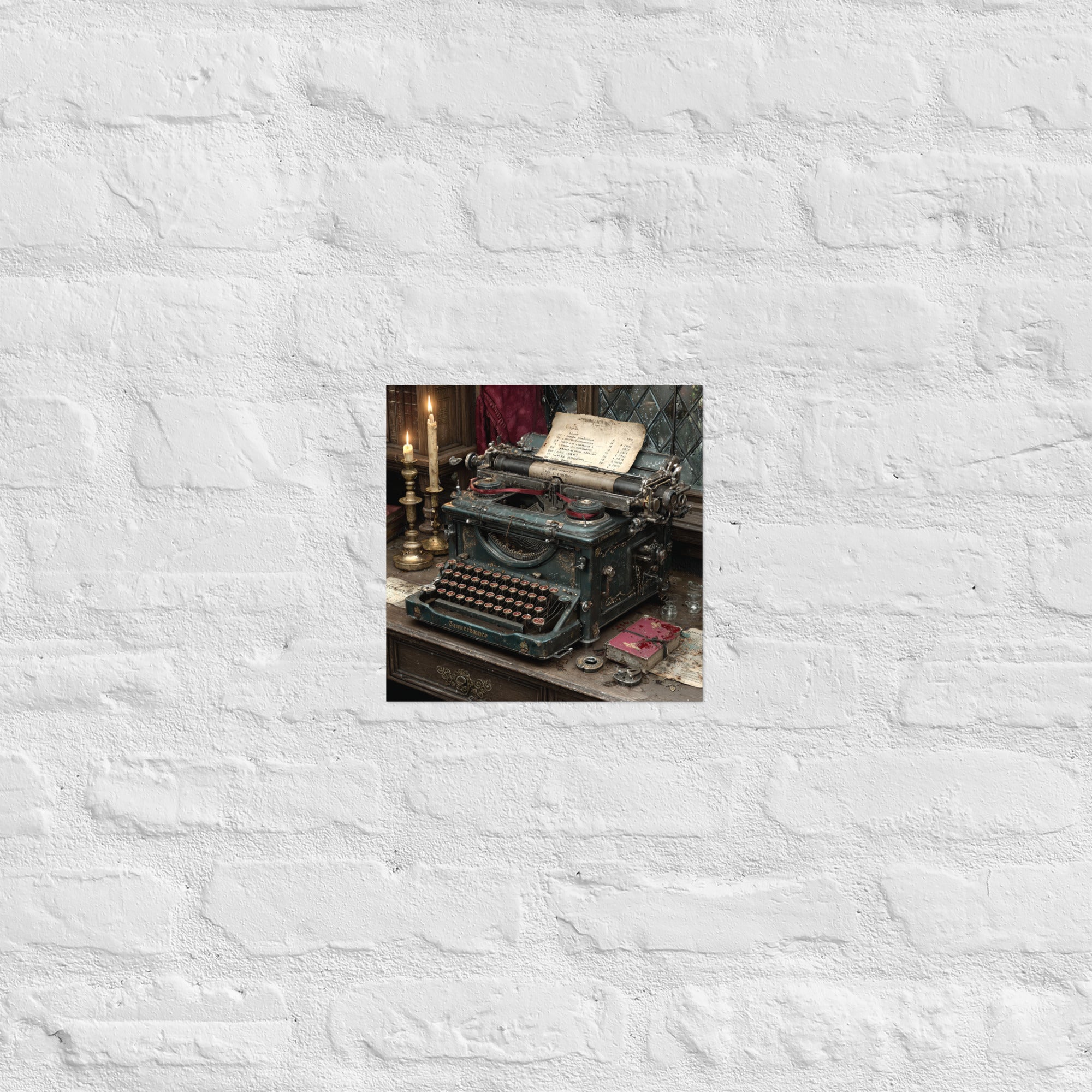 Detail of save room typewriter poster showing giclée print quality, 10×10 inch size
