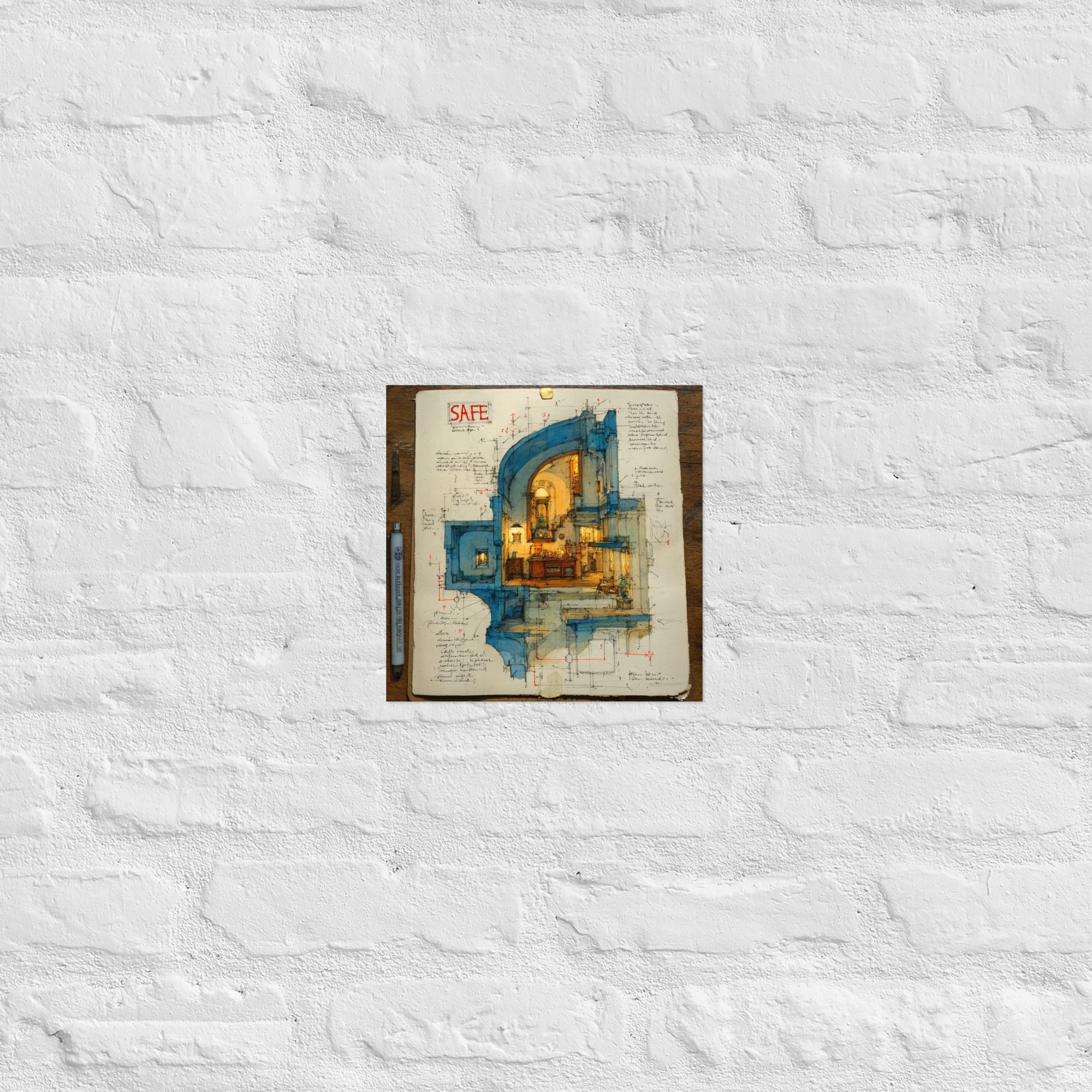 Detail of save room blueprint poster showing giclée print quality, 10×10 inch size