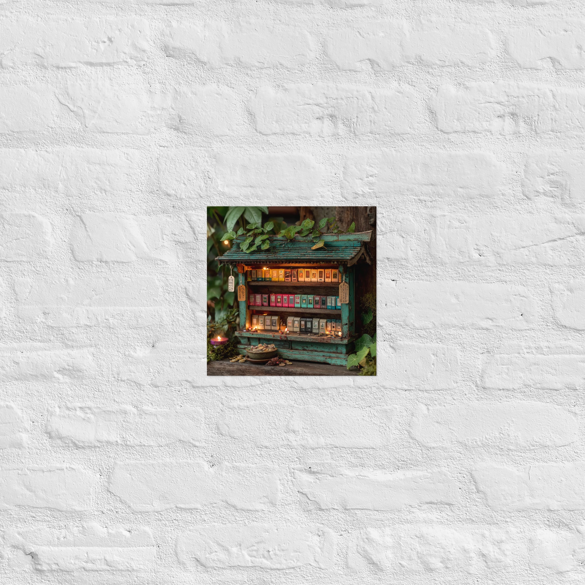 Detail of cartridge shrine poster showing print quality and label details, 10×10 inch size