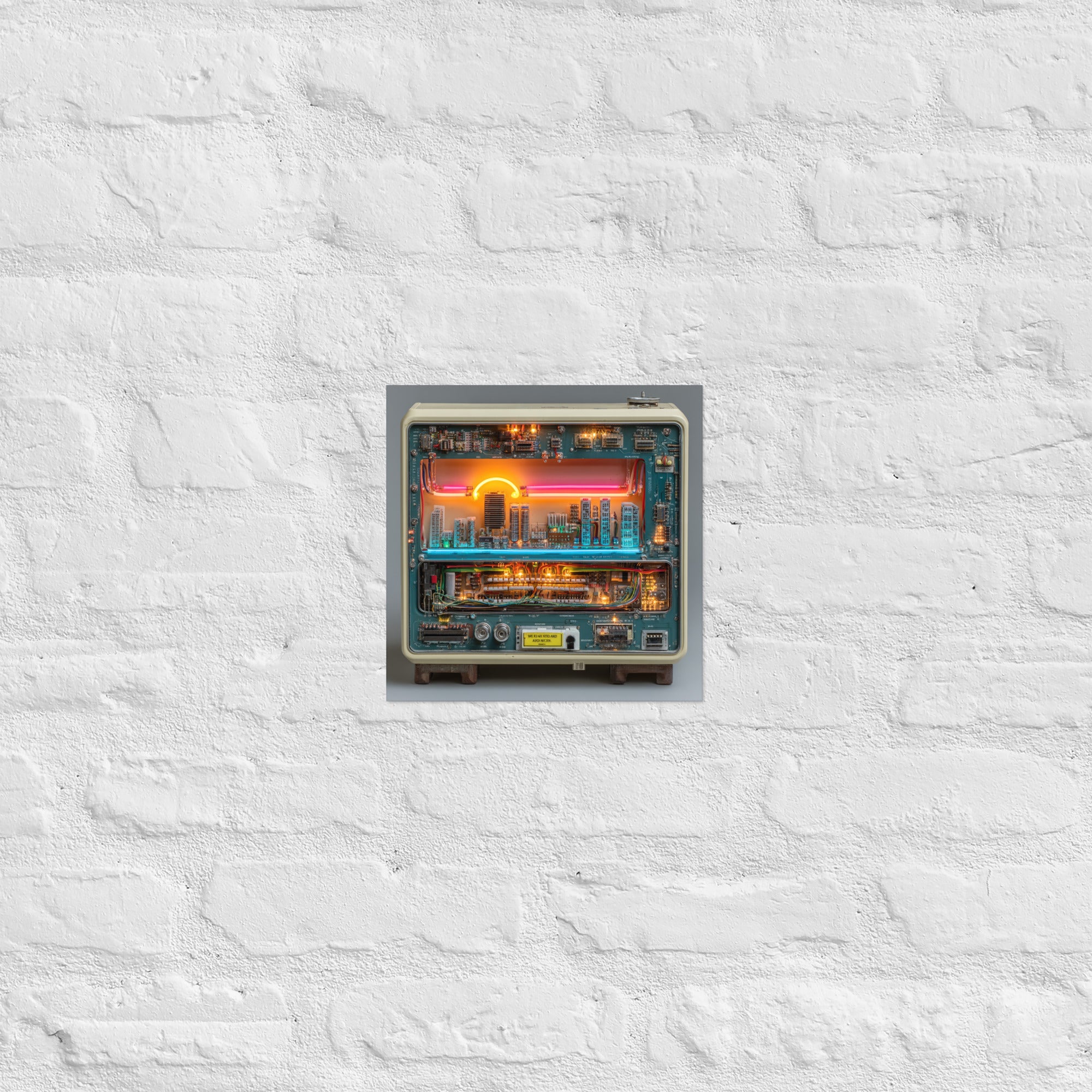 Detail of arcade cabinet neon poster showing circuit board and giclée detail, 10×10 inch size