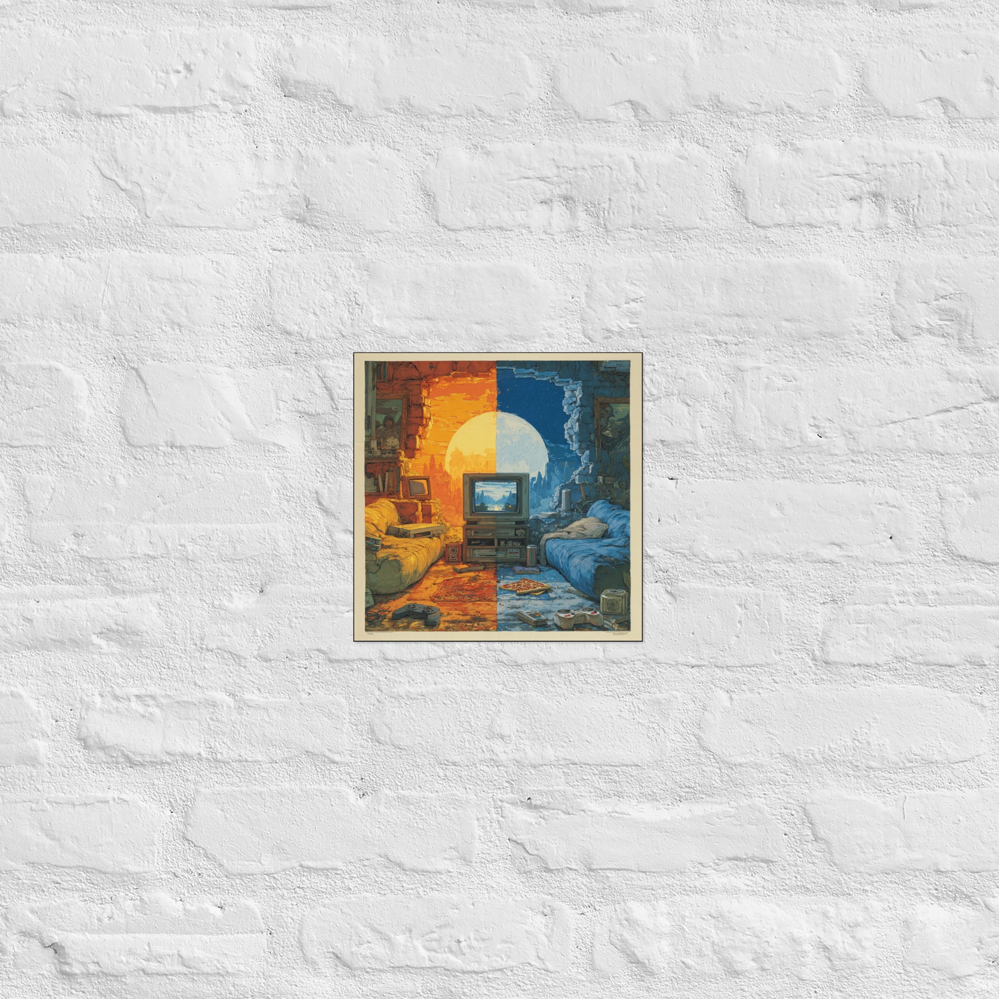 Detail of split screen nostalgia poster showing two-world composition, 10×10 inch size