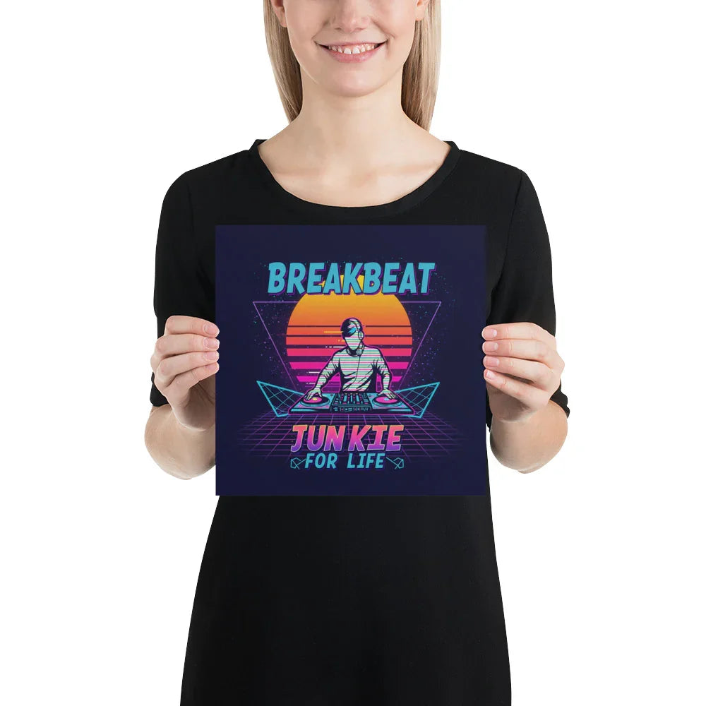 Breakbeat Junkie For Life Poster – Retro DJ Neon Grid - RaZits