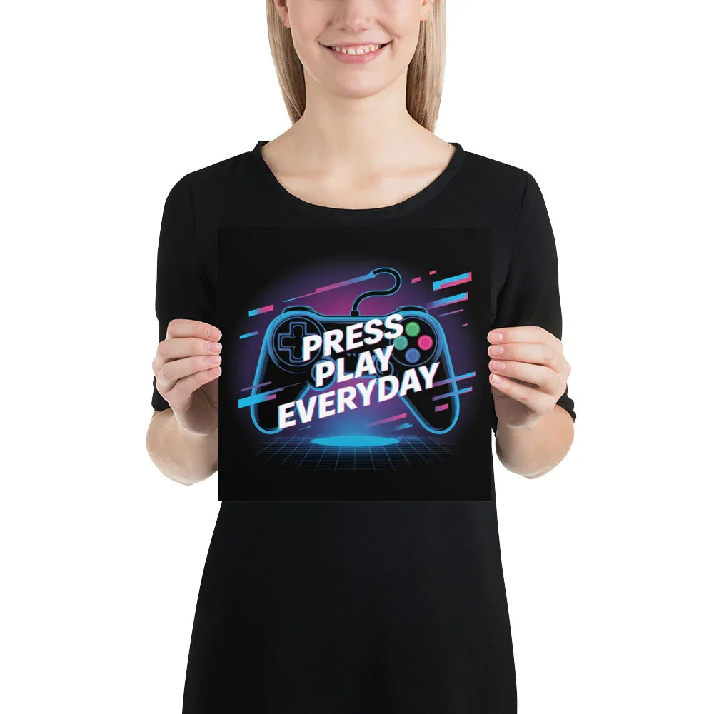 Press Play Everyday – Neon Glitch Gaming Motivation Poster - RaZits