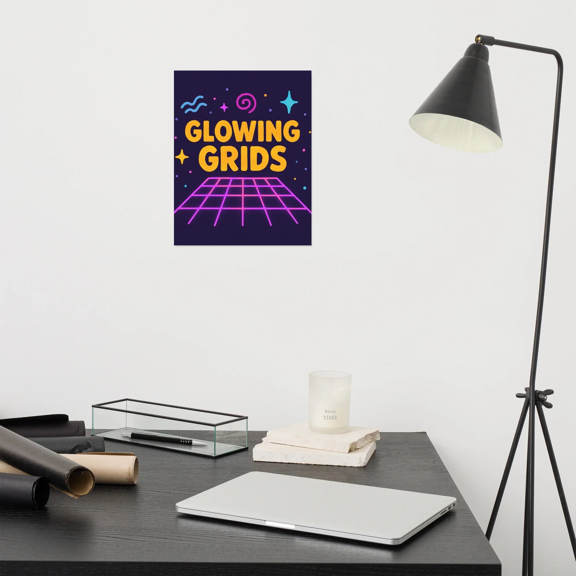 Glowing Grids Poster – Retro Neon Music Matrix Art - RaZits