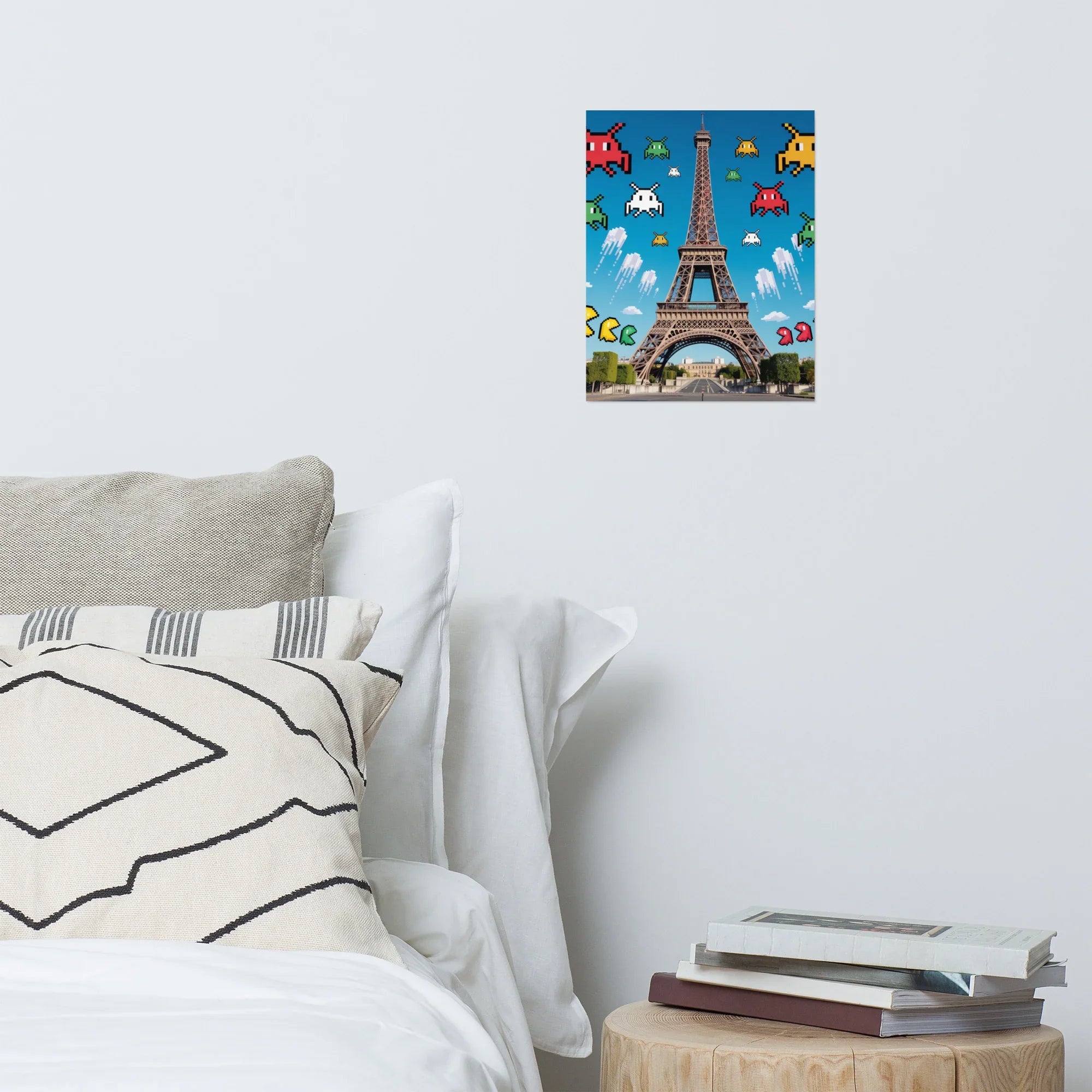 Retro Pixel Invaders Over Paris – 8-Bit Gaming Wall Art, Eiffel Tower Gamer Decor - RaZits