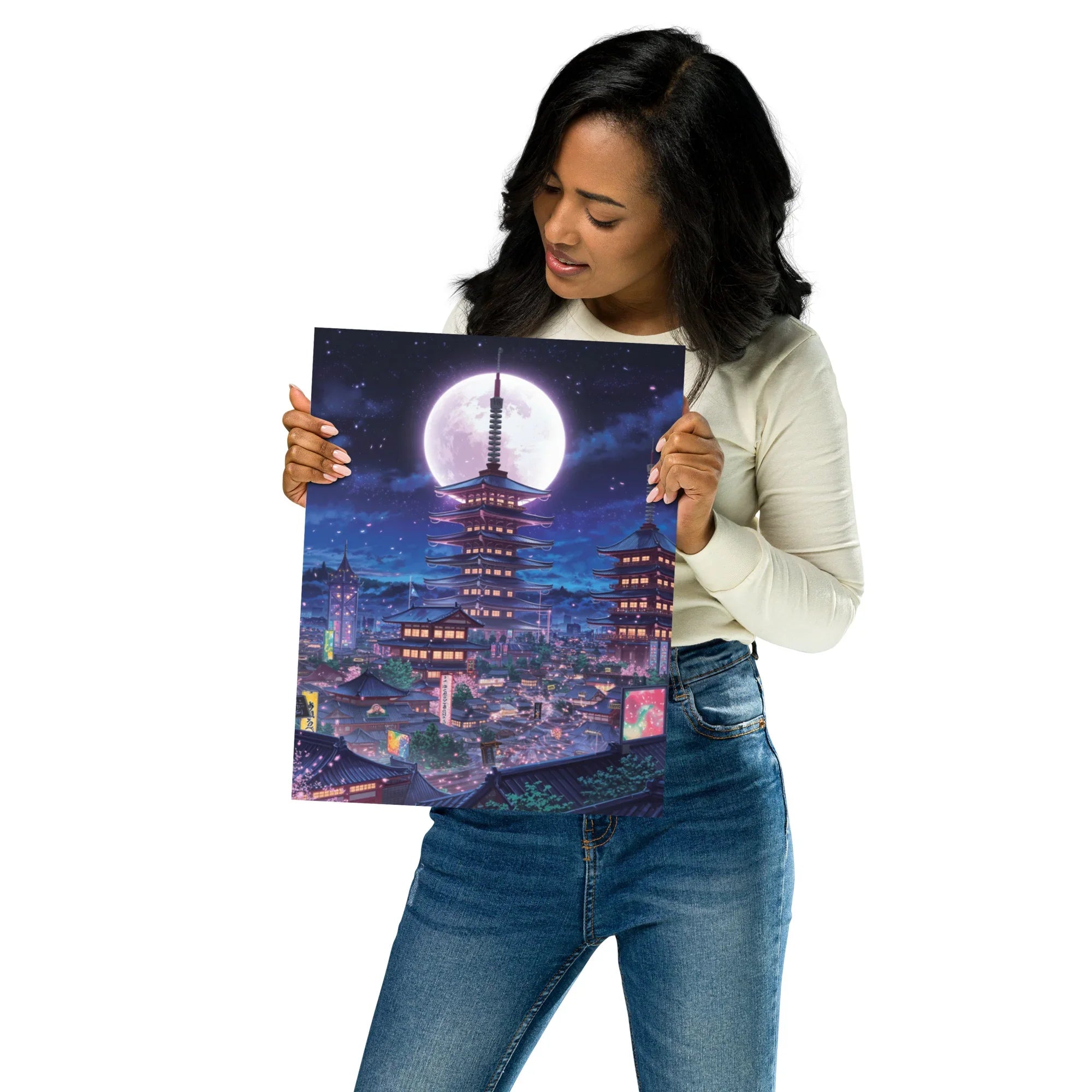 Midnight Sakura Dreamscape Japanese Cityscape Gaming Wall Art – Anime Aesthetic Room Decor - RaZits