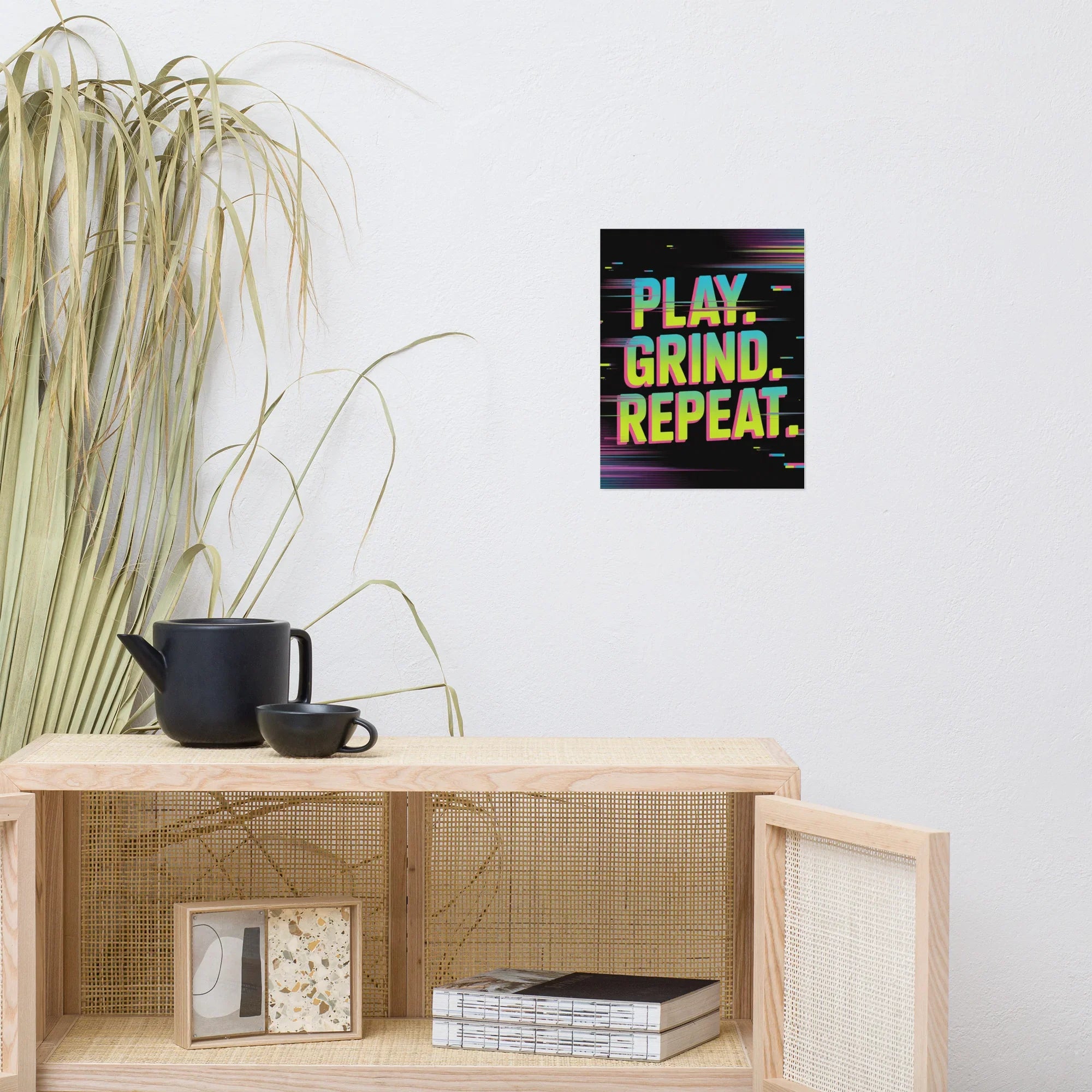 PLAY. GRIND. REPEAT. – Retro Glitch Gaming Motivation Poster in Neon Arcade Style - RaZits
