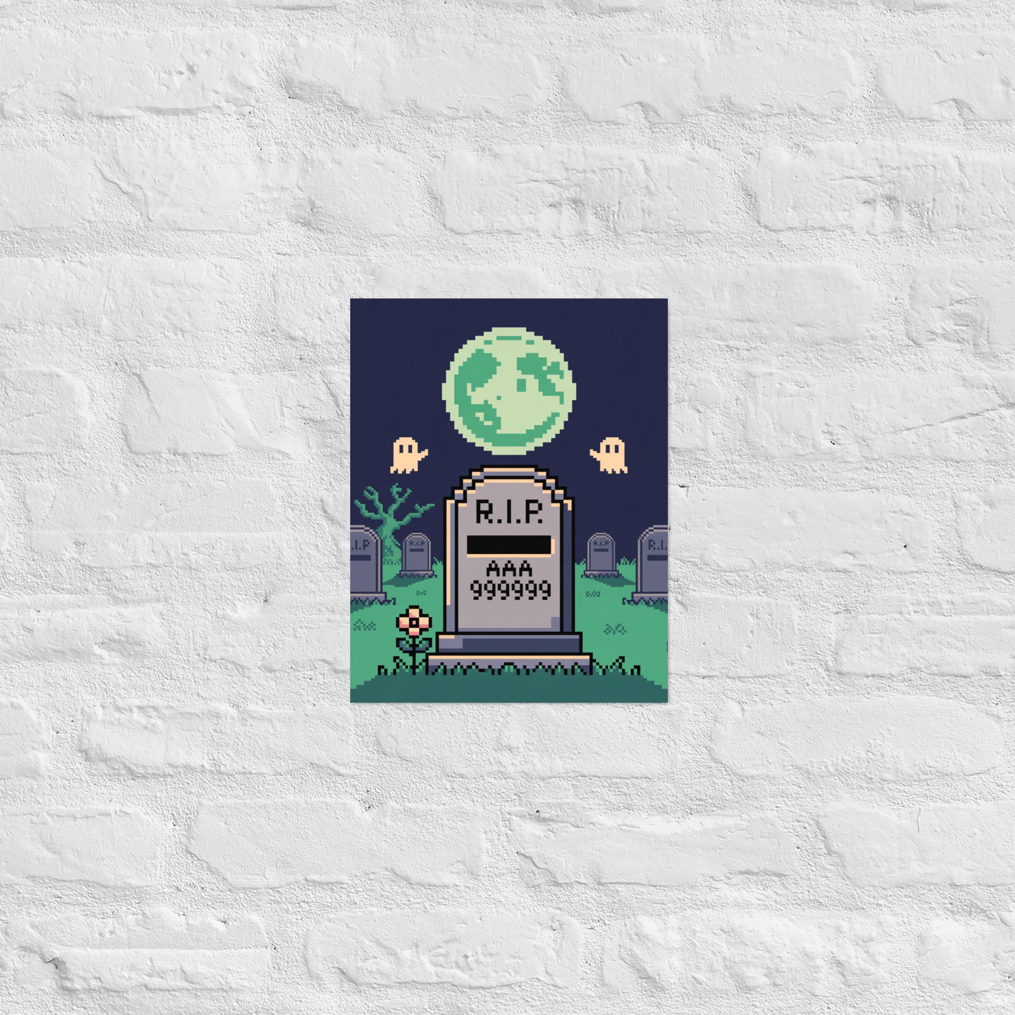 Pixel tombstone gaming poster 11x14 small print on shelf with retro consoles