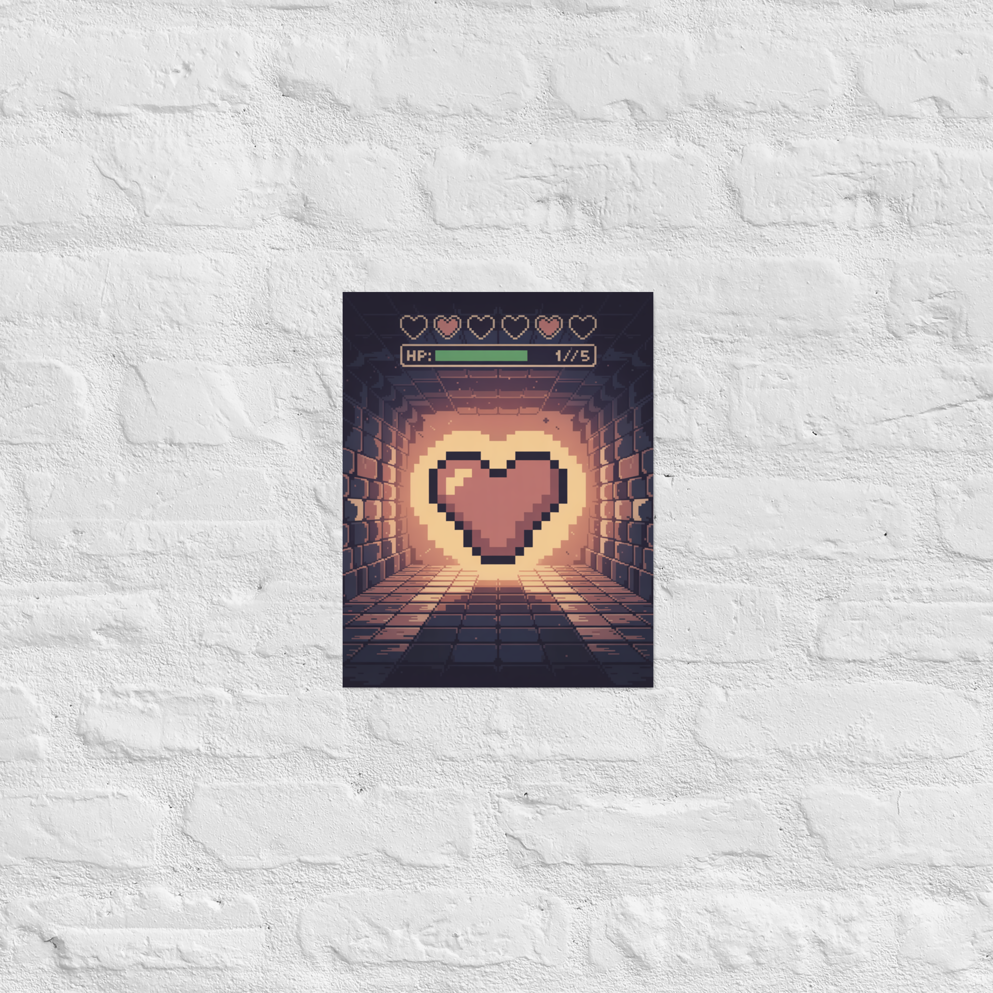 Pixel heart HUD wall art in a designer studio, 11×14 inch