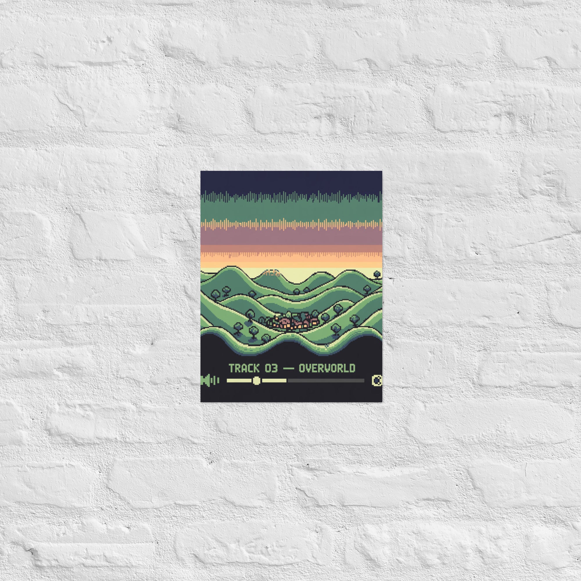 16-bit chiptune wall art in a retro game room, 11×14 inch