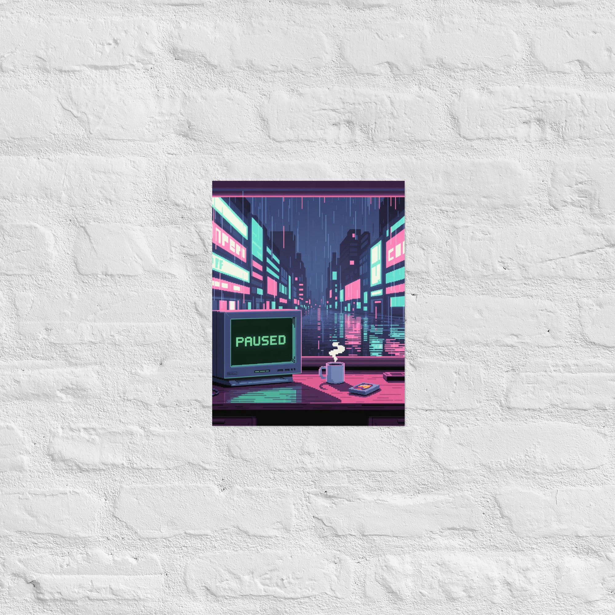 Pixel neon city wall art in a moody home office, 11×14 inch