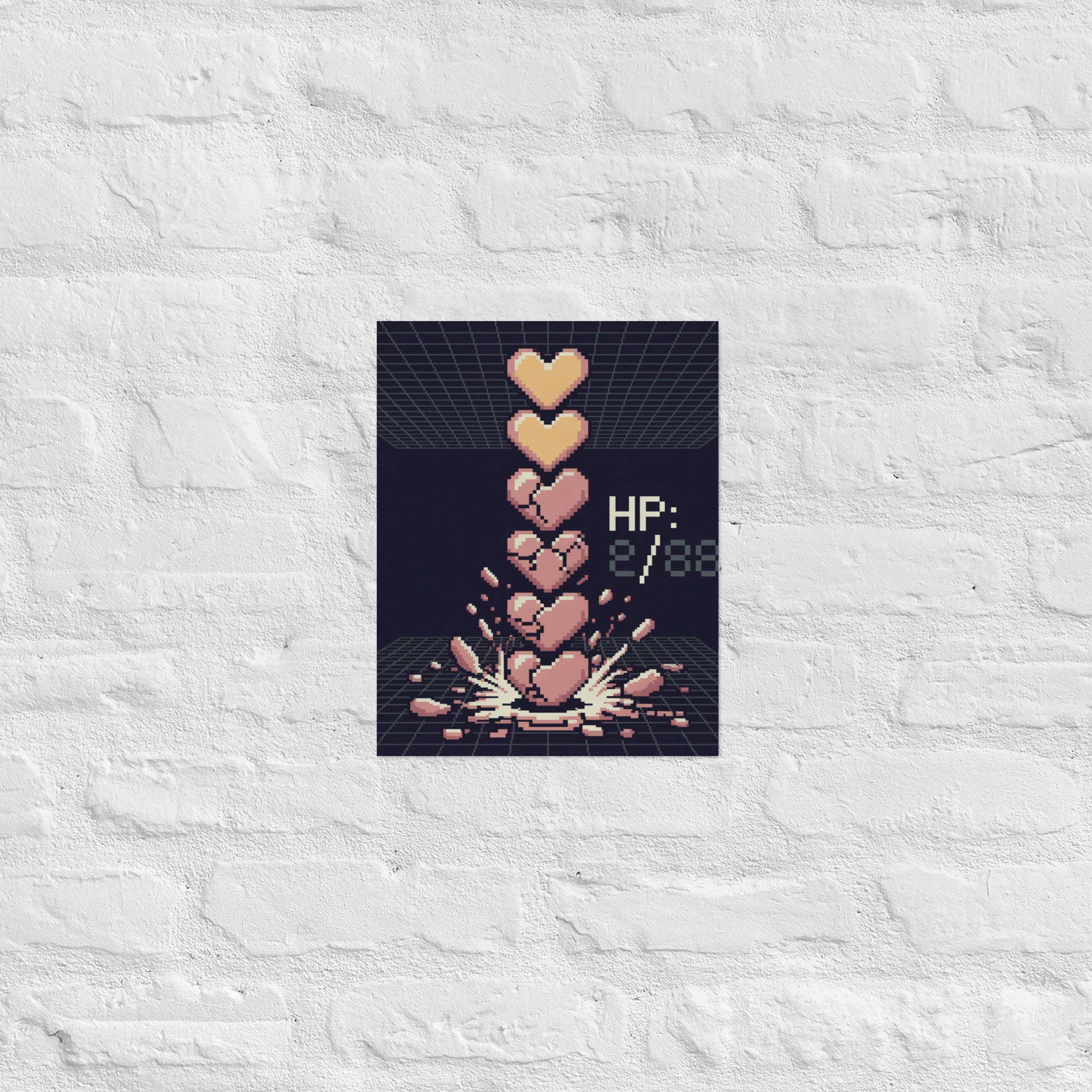 8-bit HUD heart bar wall art in a designer studio, 11×14 inch