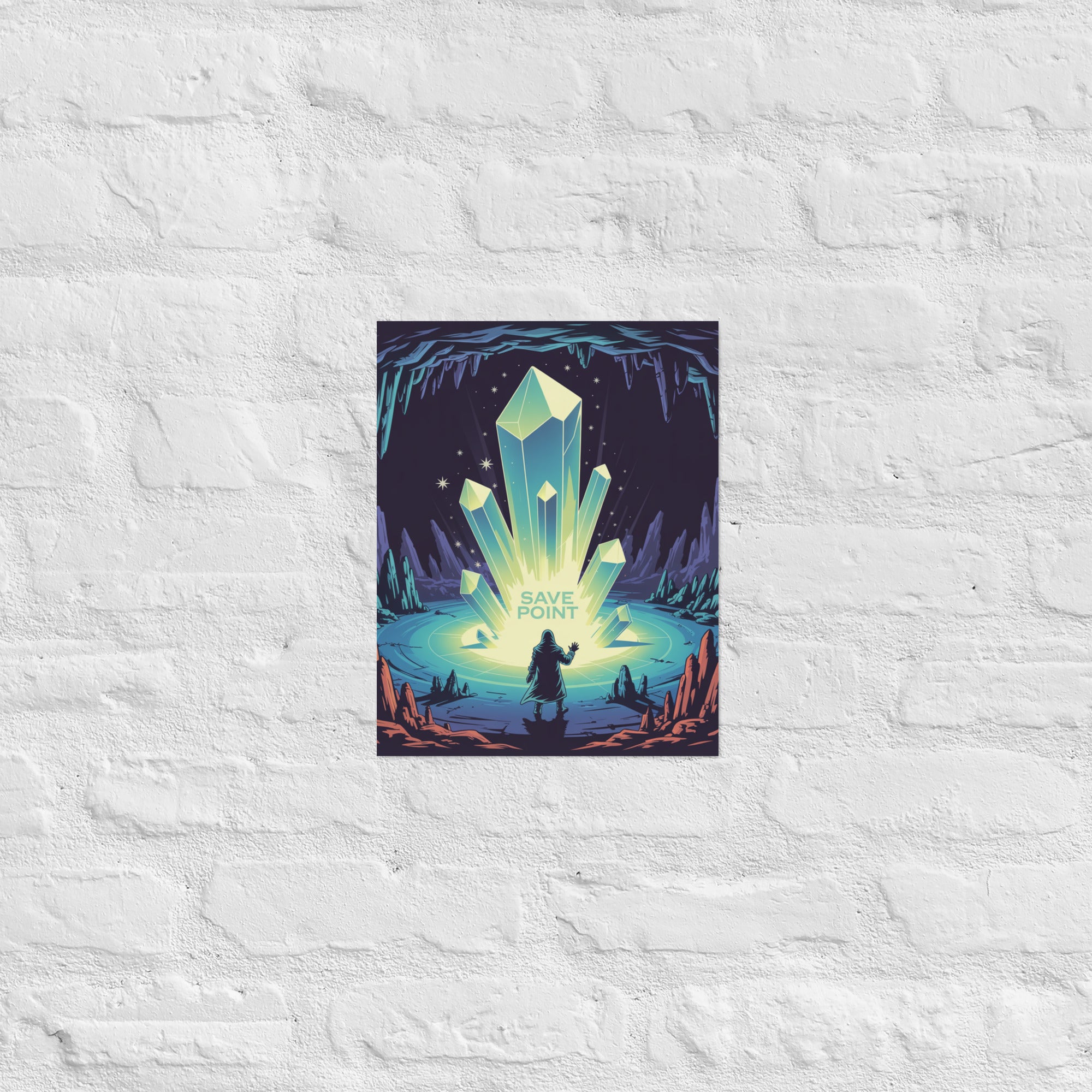 RPG save crystals wall art in a fantasy library, 11×14 inch