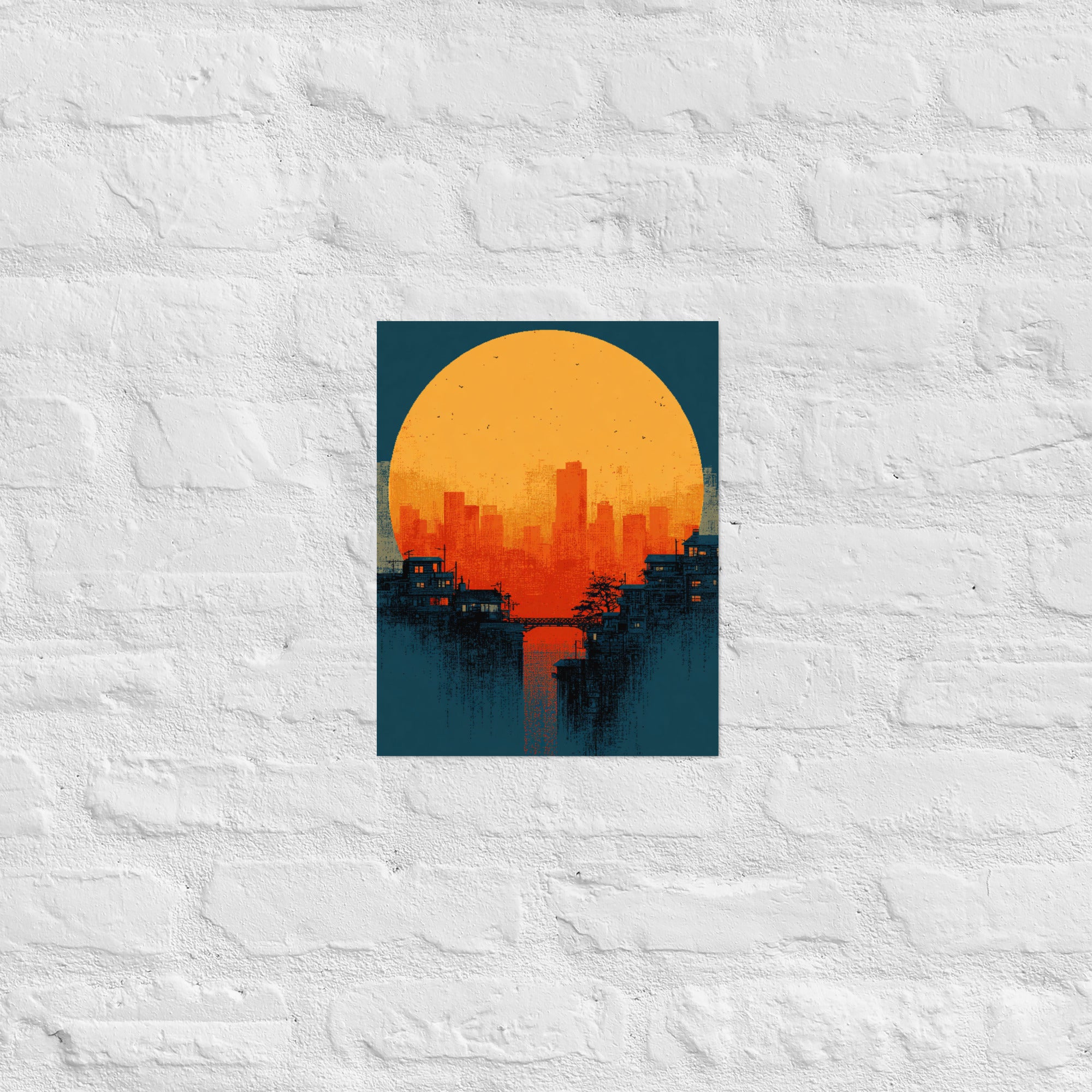 Pixel art sunset wall art in a retro game room, 11×14 inch