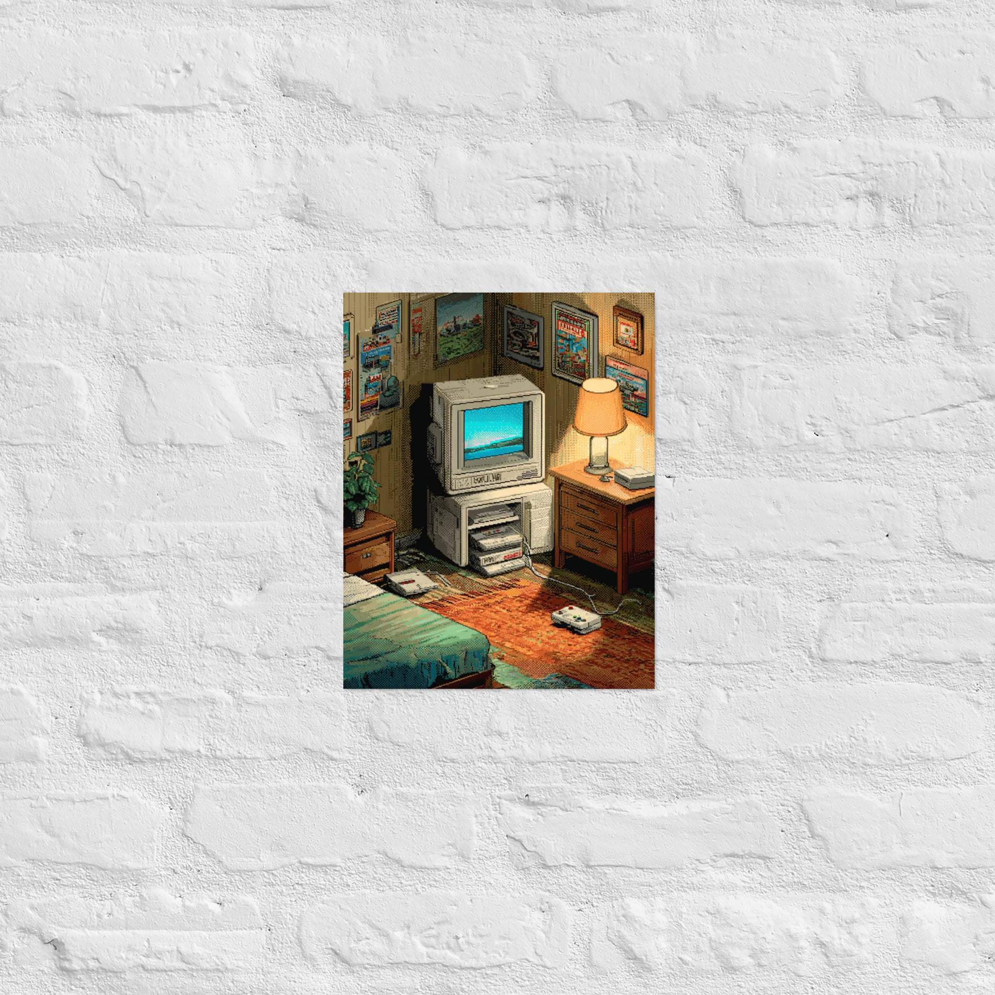 Pixel art gaming corner wall art in a retro game room, 11×14 inch