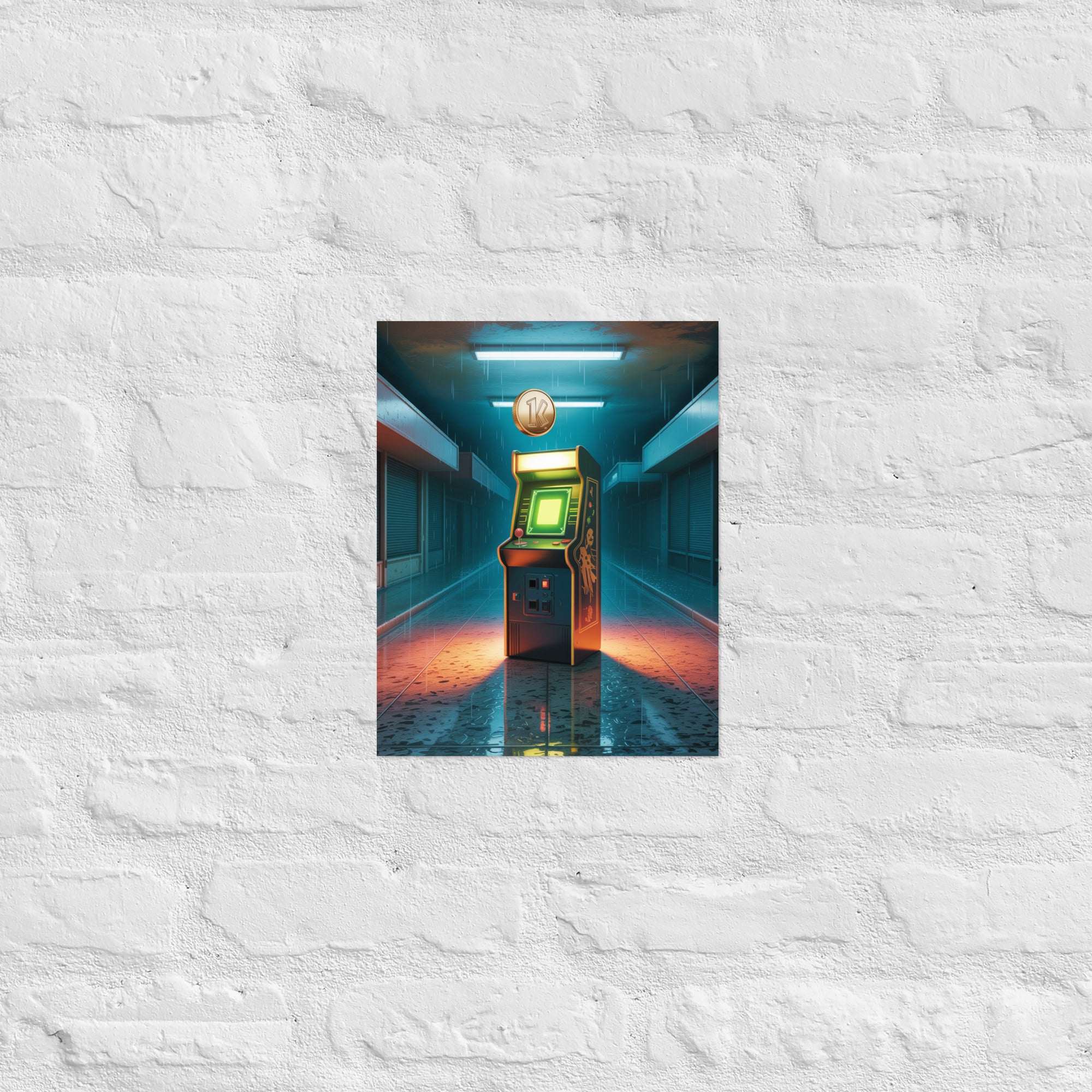Arcade cabinet gaming wall art with single quarter, 11×14 inch