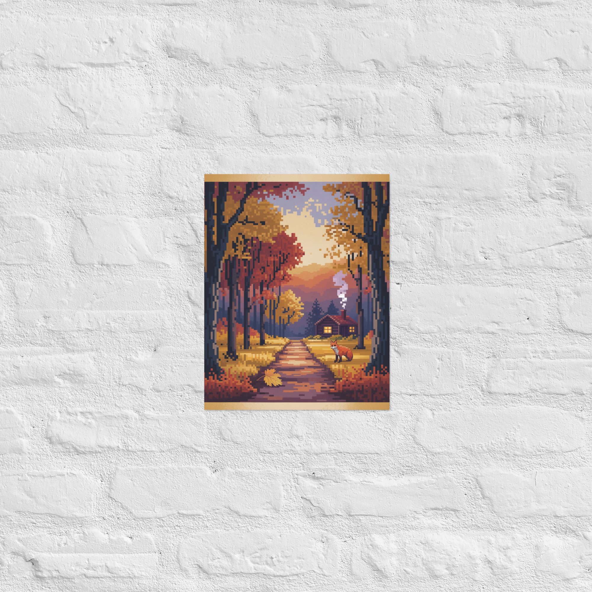 Pixel art autumn wall art in a retro game room, 11×14 inch