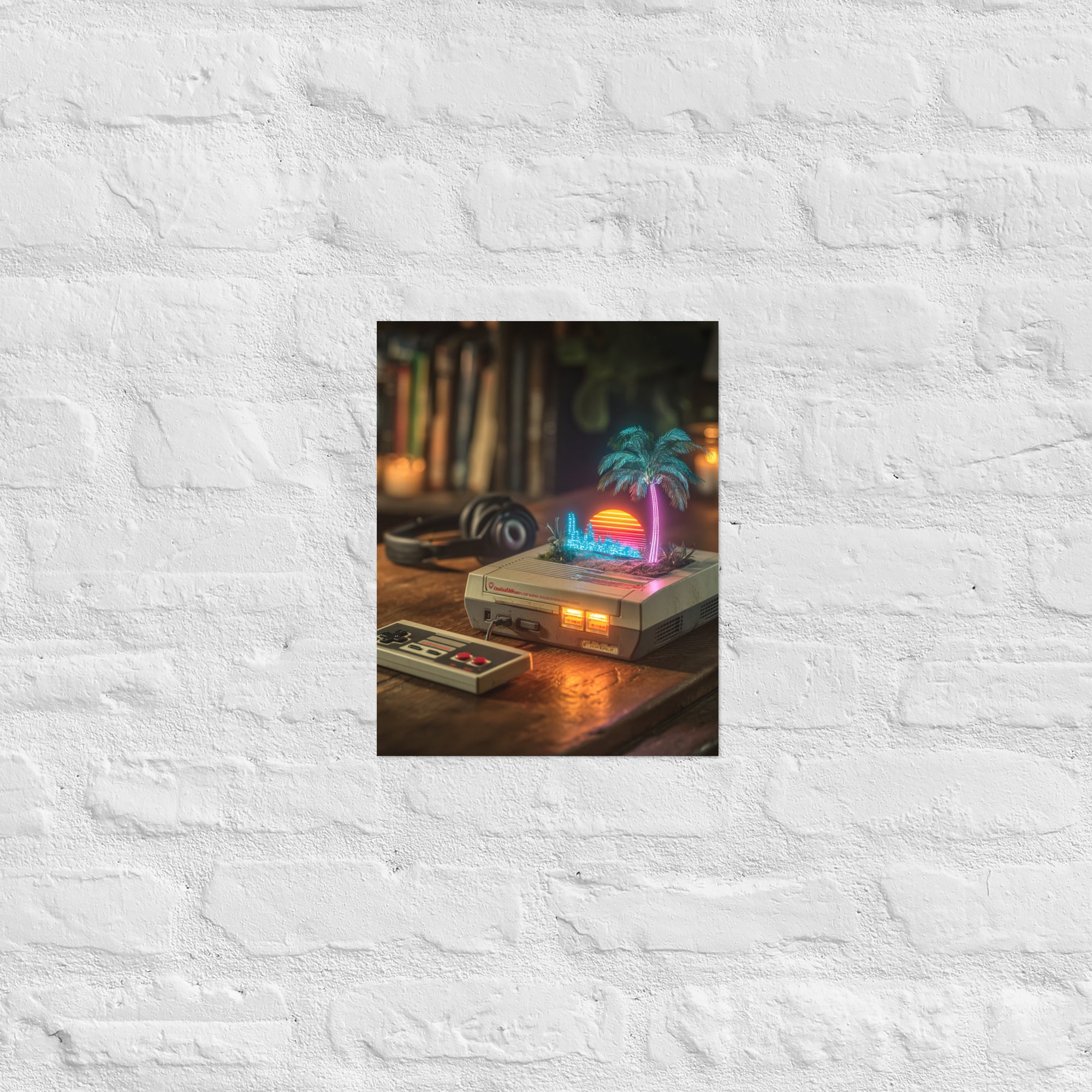 Synthwave retro gaming wall art in a home office, 11×14 inch