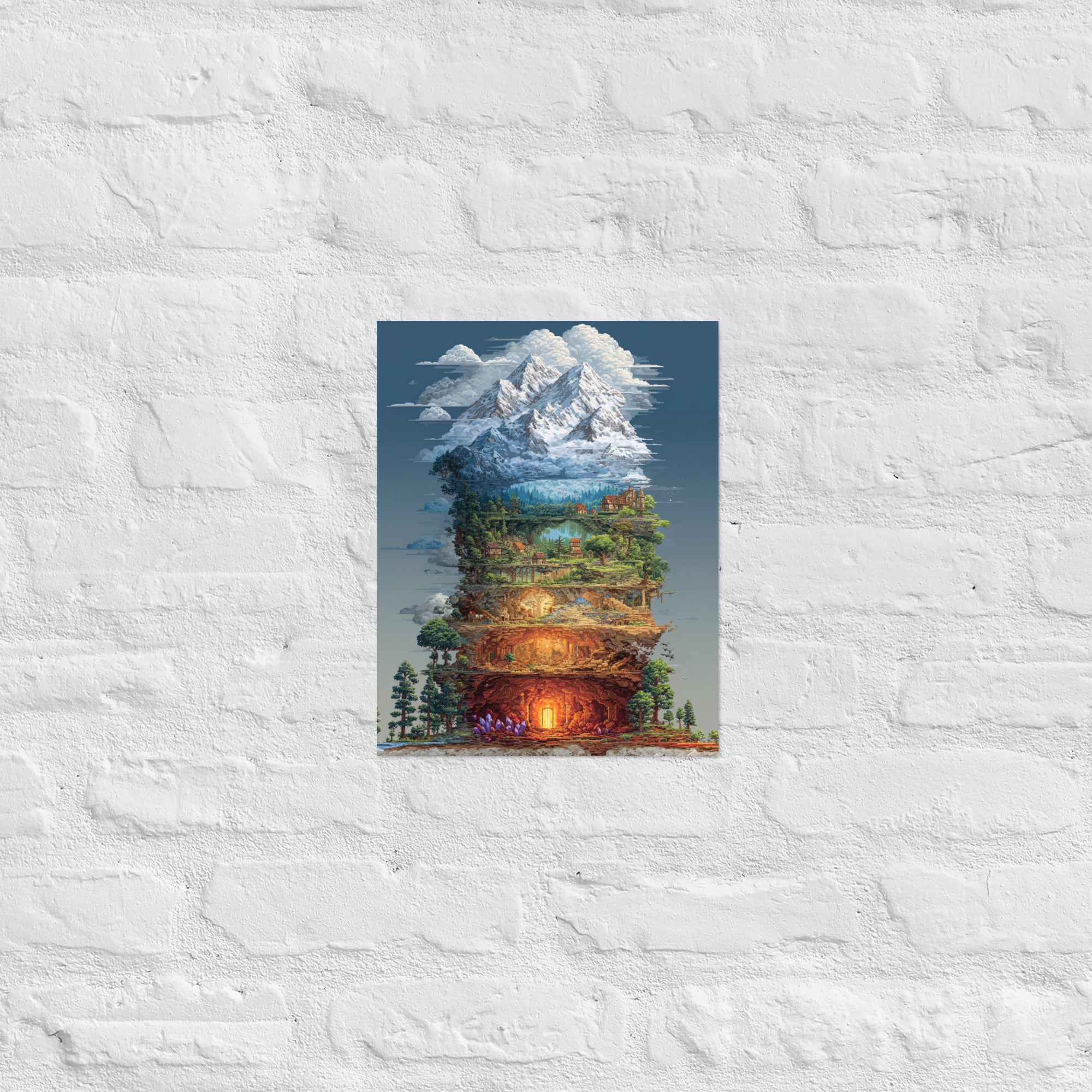 Worldbuilding wall art with pixel biome codex in a fantasy author library, 11×14 inch
