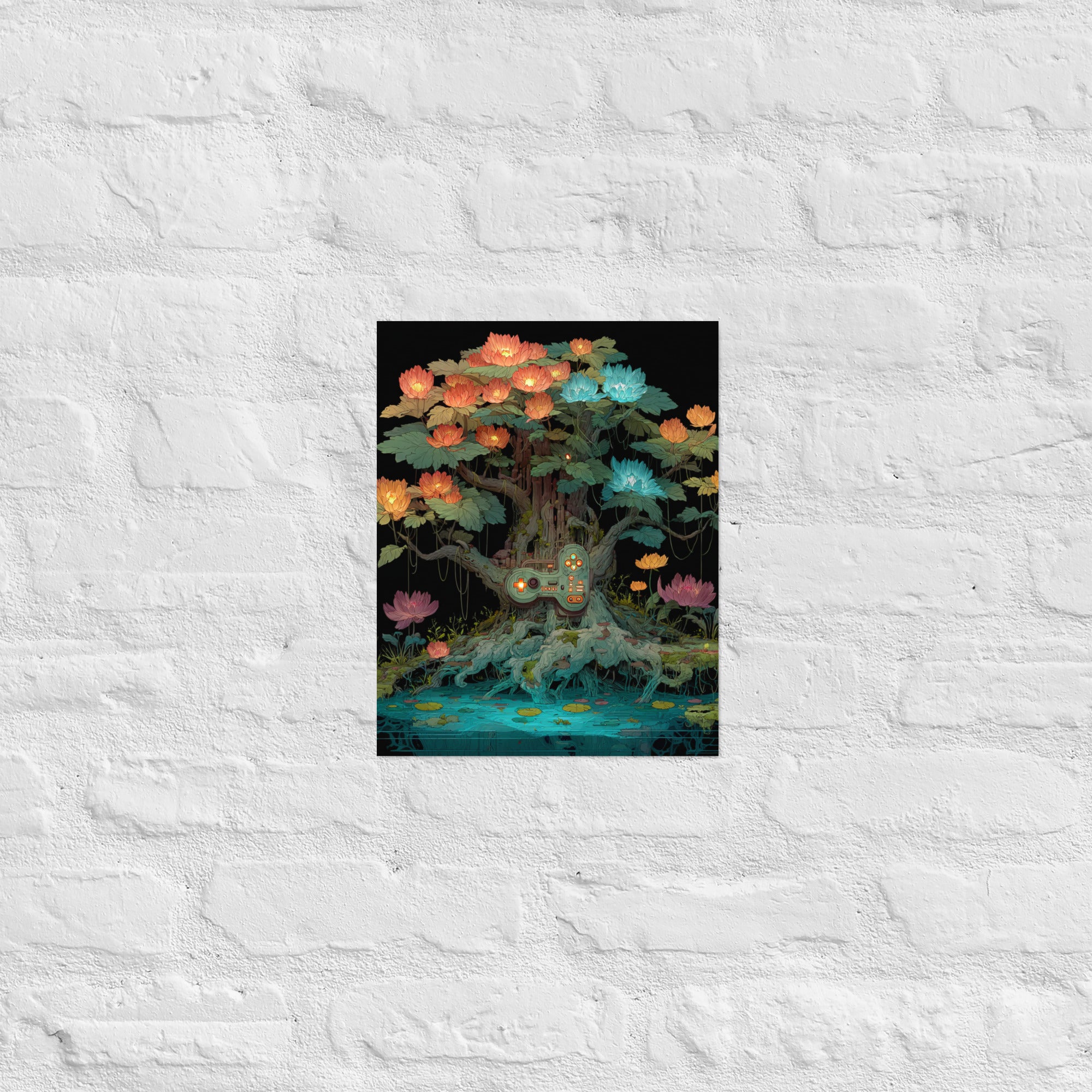 Retro gaming controller tree wall art in a gamer dad home office, 11×14 inch