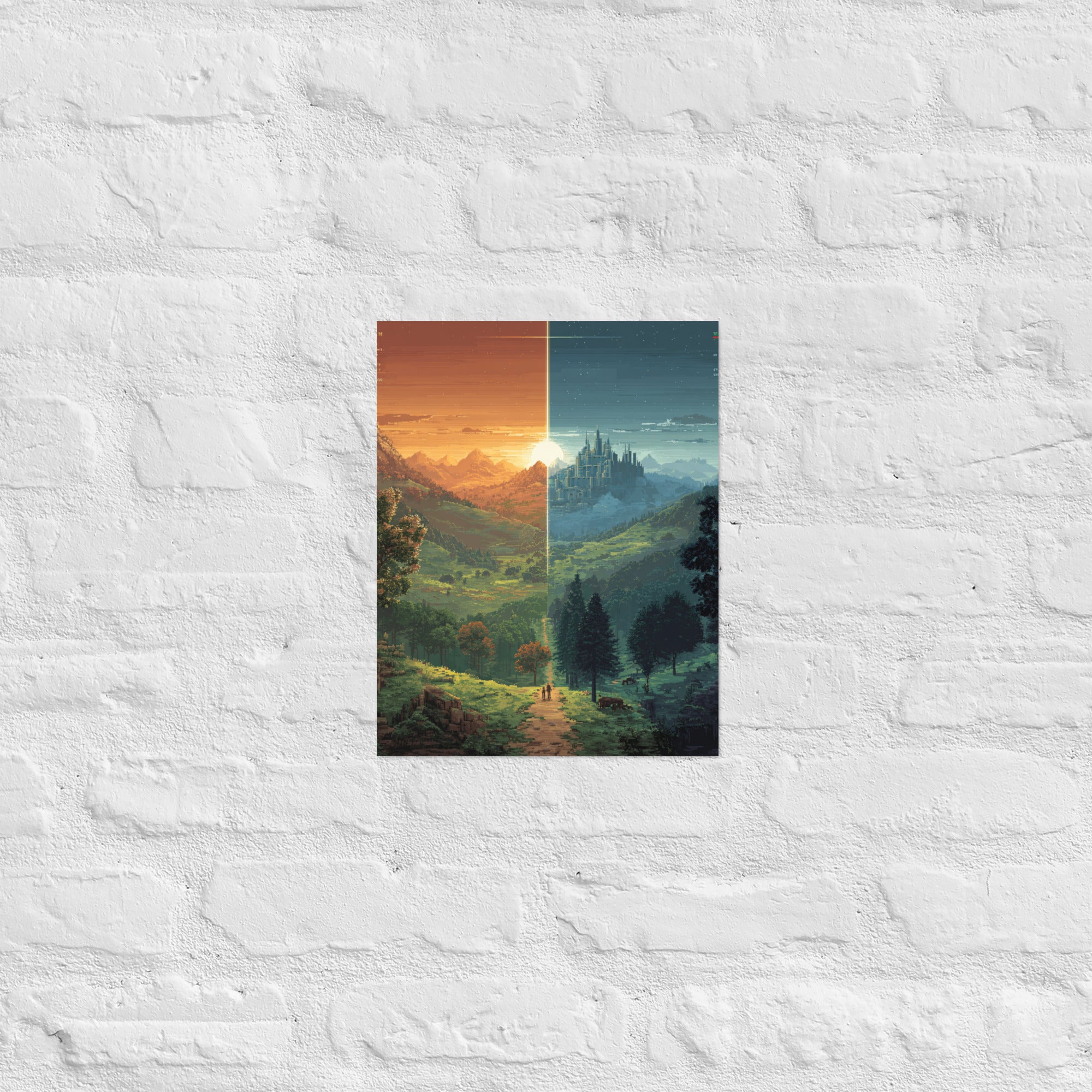 Local multiplayer wall art with two-player HUD scene in a gamer home office, 11×14 inch size