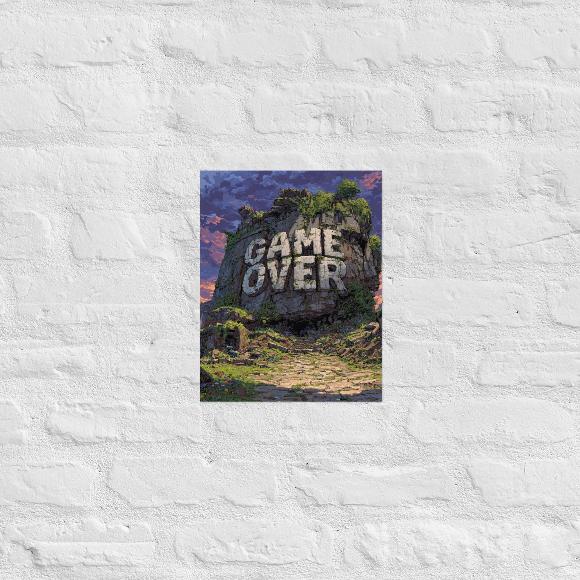 Minimalist Game Over arcade wall art in a home office gallery wall, 11×14 inch size