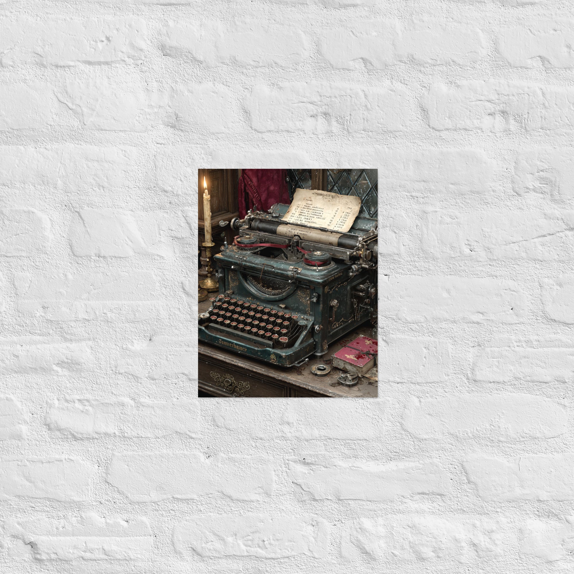 Survival horror gaming wall art with typewriter still life in a home office, 11×14 inch size
