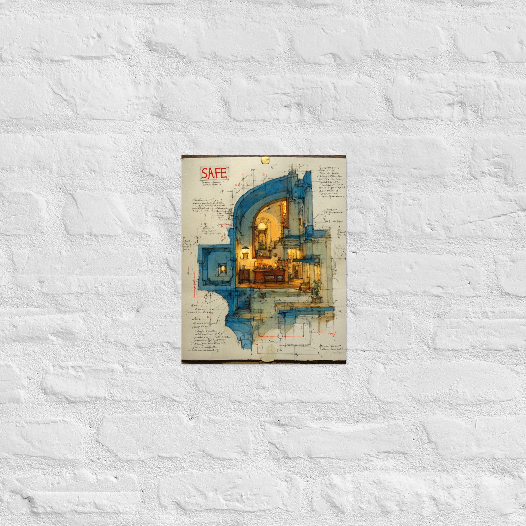 Architectural survival horror wall art with save room floor plan in a home office, 11×14 inch size