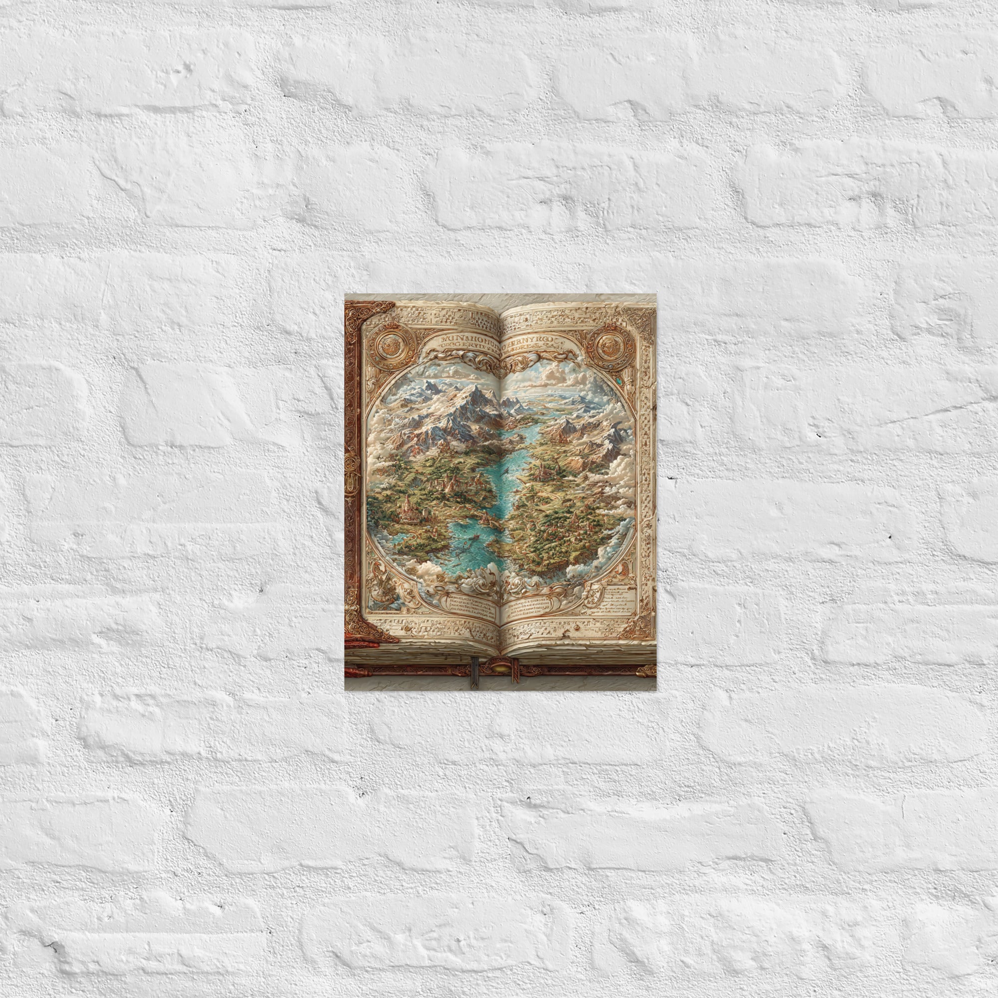 Fantasy RPG wall art with overworld map cartography in a home library, 11×14 inch size
