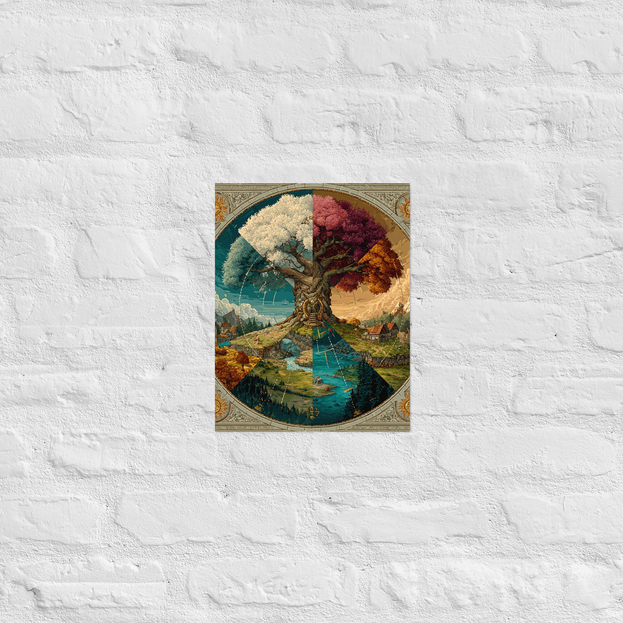 Worldbuilding wall art with fantasy four-seasons map in a home library, 11×14 inch size