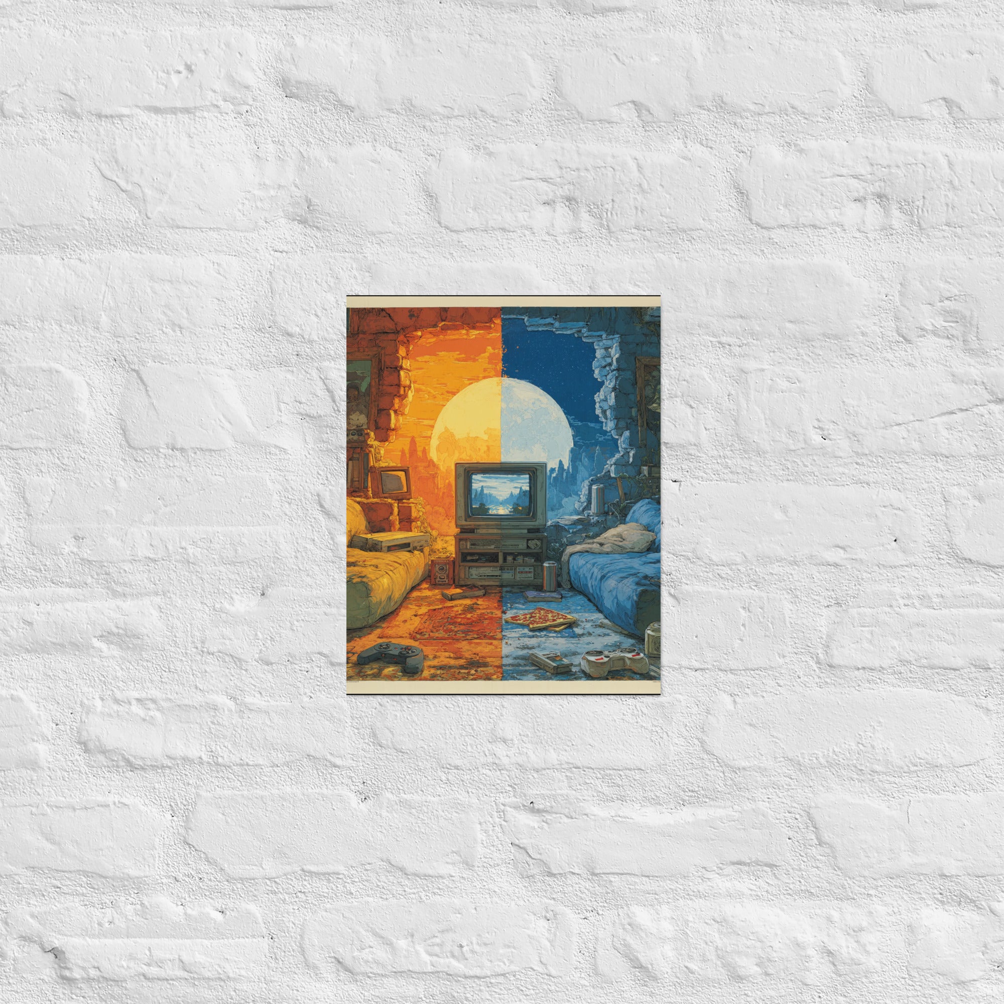 Two-player gaming wall art with split screen scene in a couple's home office, 11×14 inch size