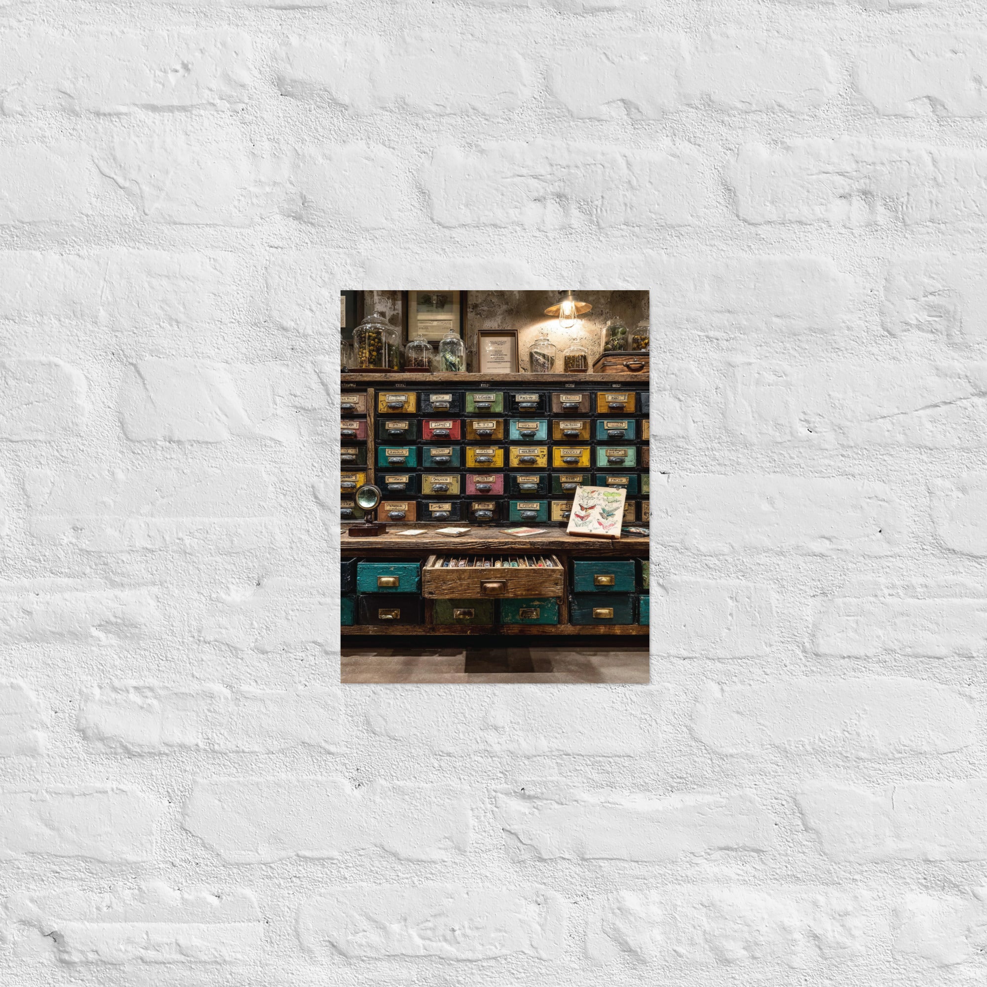 Museum-style retro gaming gallery wall with specimen cabinet print, 11×14 inch size