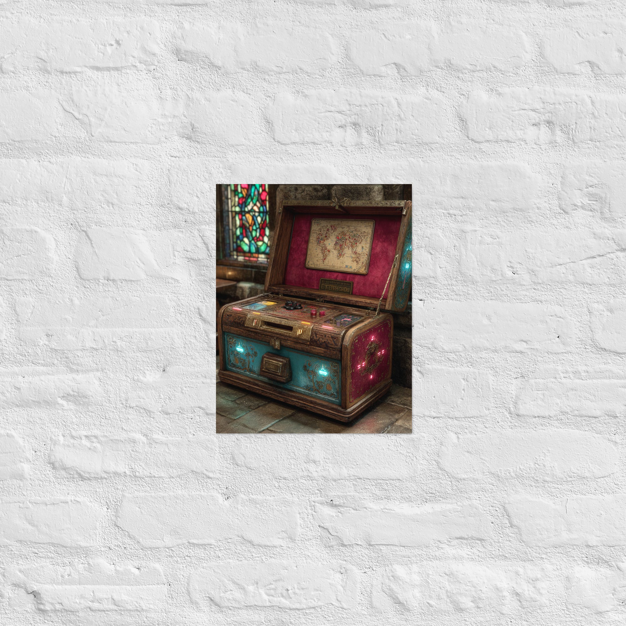 Premium arcade culture wall art with neon relic composition in a collector's room, 11×14 inch size
