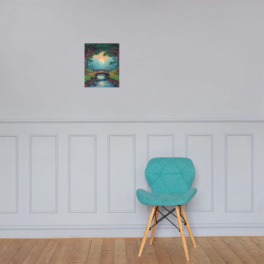 Pixel Forest Bridge – Retro 16-Bit Landscape Gaming Art Print for Cozy Gamer Rooms - RaZits
