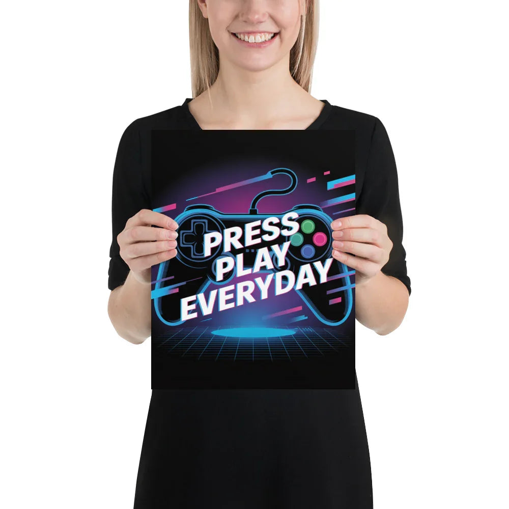 Press Play Everyday – Neon Glitch Gaming Motivation Poster - RaZits
